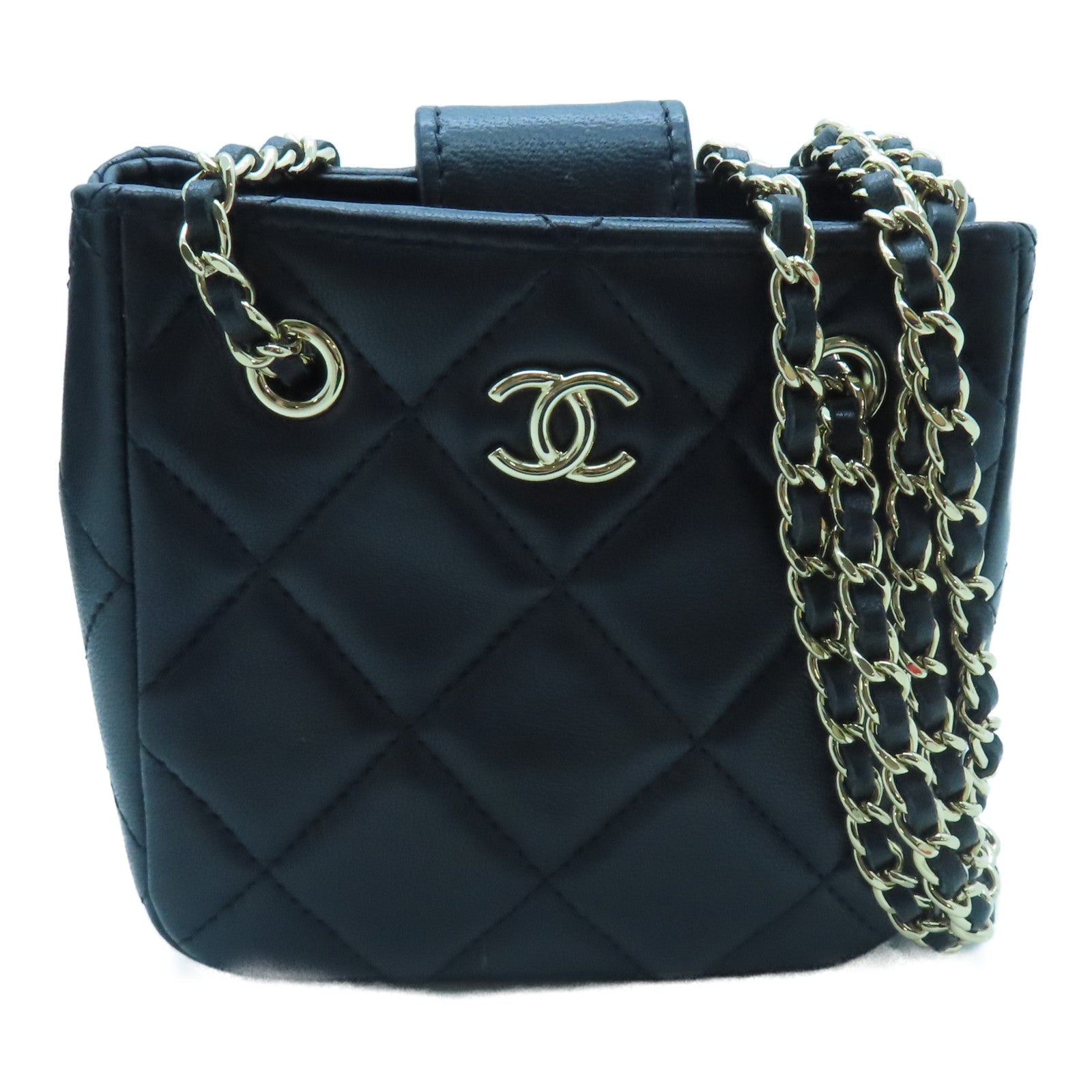 CHANEL 菱格羊皮皮革Chain Shoulder金扣鏈帶肩背袋黑色