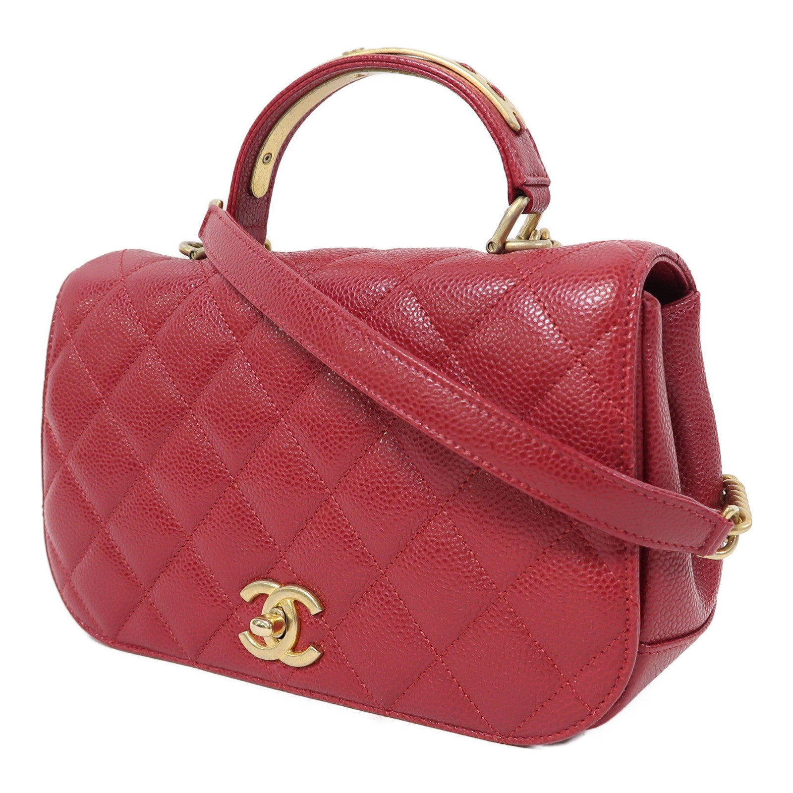CHANEL 菱格牛皮皮革Chain Shoulder金扣鏈帶肩背袋紅色