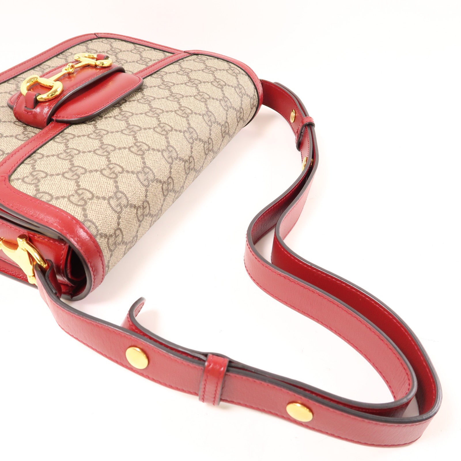 GUCCI 塗層帆布/皮革Horsebit 1955金扣肩背袋啡色/紅色