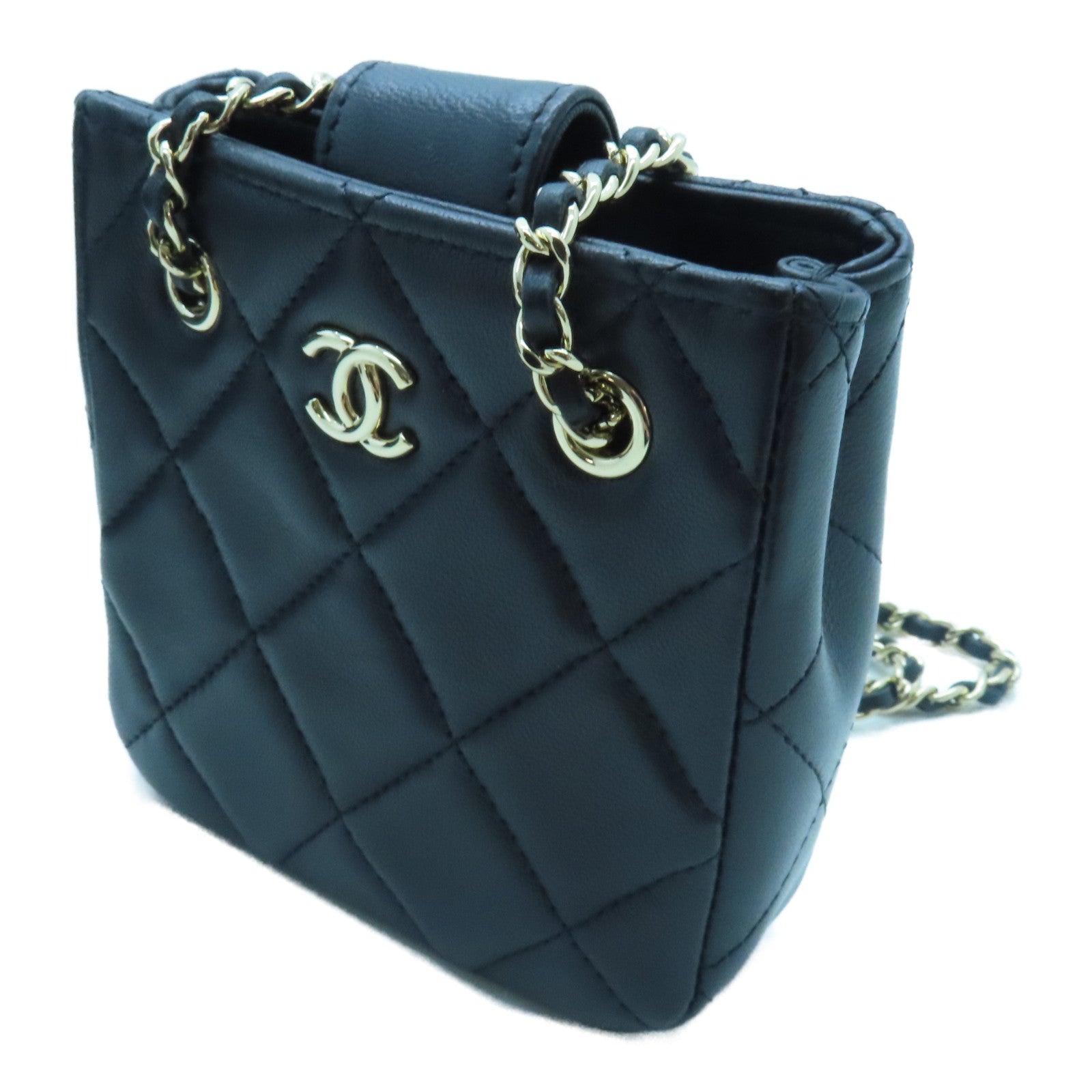 CHANEL 菱格羊皮皮革Chain Shoulder金扣鏈帶肩背袋黑色