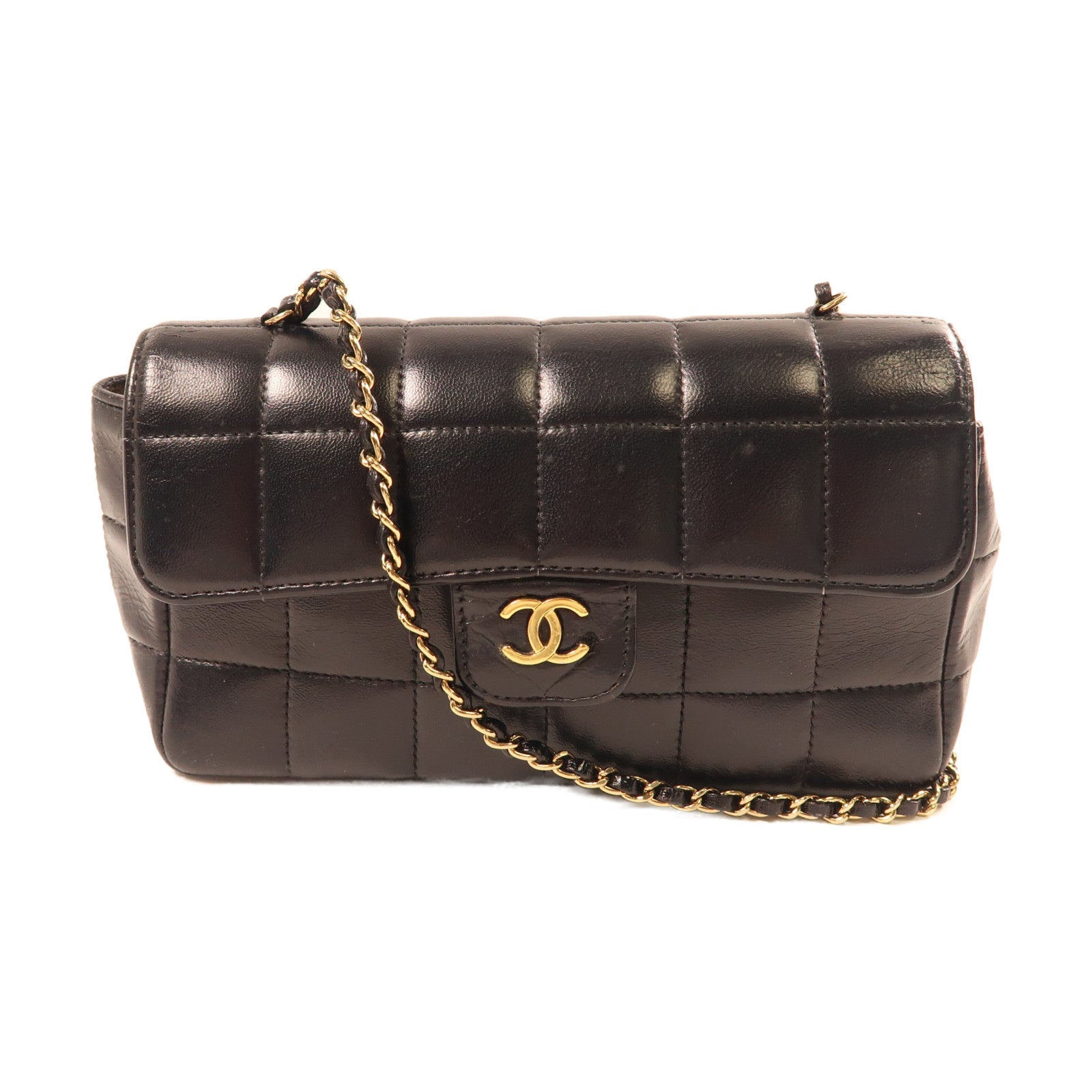CHANEL 牛皮皮革Chain Shoulder金扣鏈帶肩背袋黑色