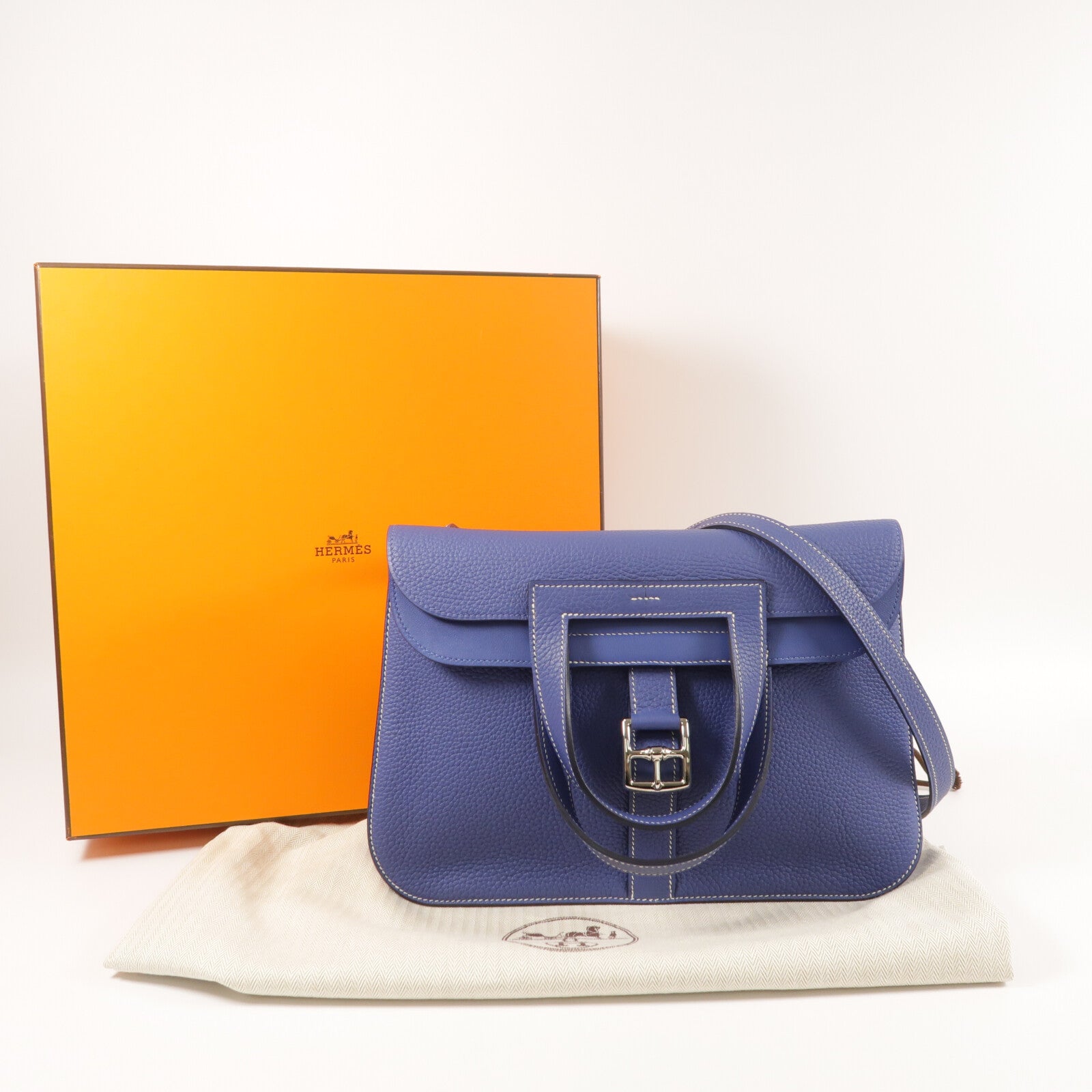 HERMES Clemence皮革Halzan 31銀扣手挽肩背兩用袋Bleu Encre