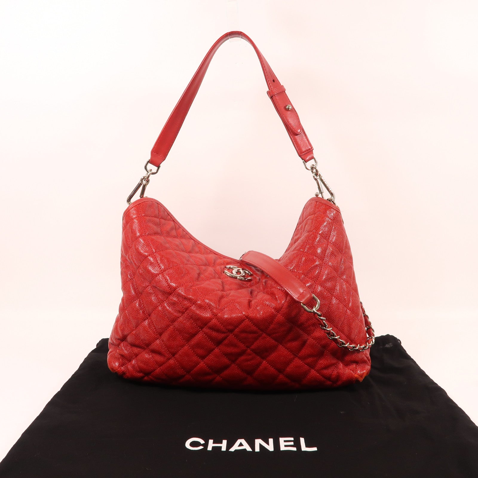 CHANEL 牛皮皮革2 Way Shoulder銀扣肩背袋紅色
