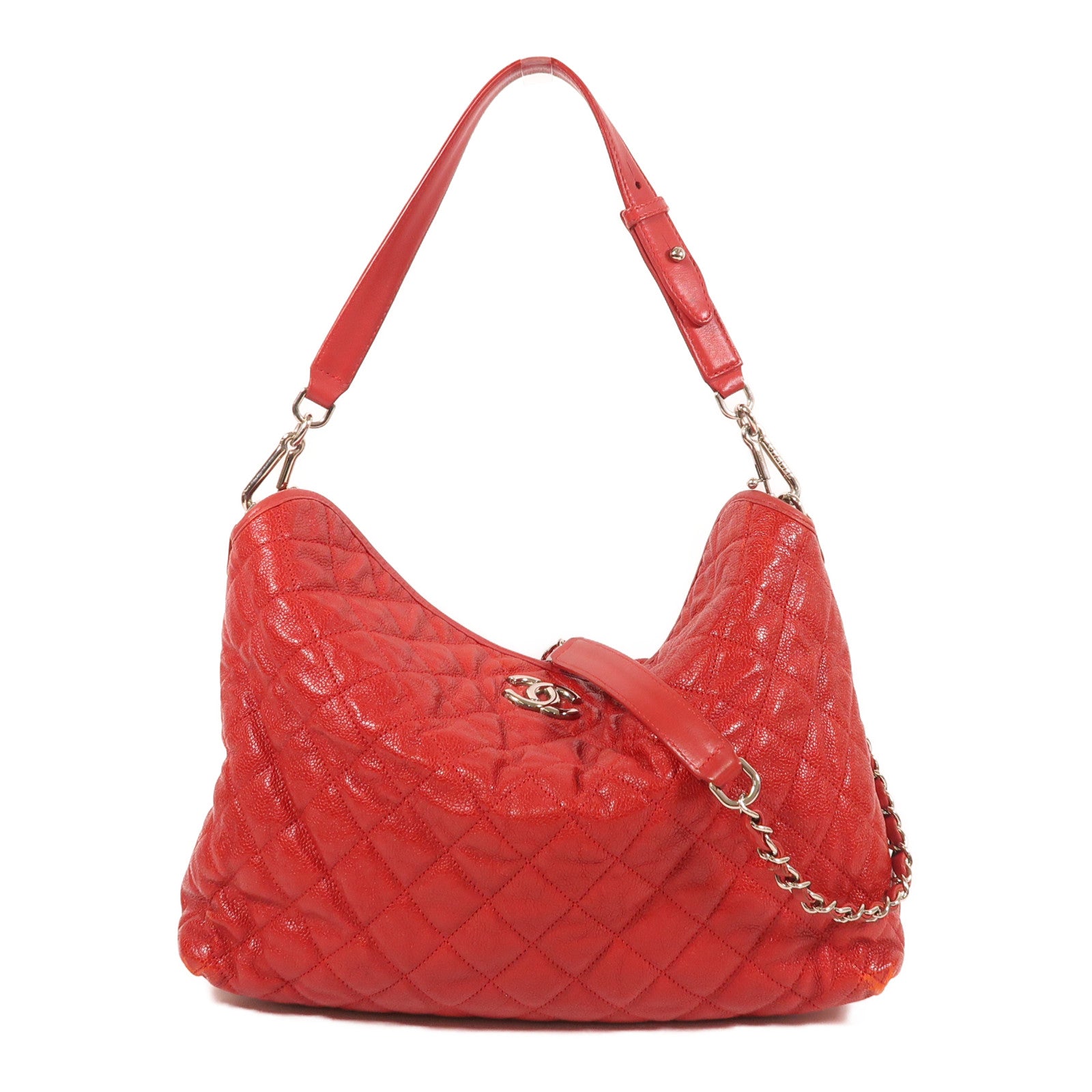 CHANEL 牛皮皮革2 Way Shoulder銀扣肩背袋紅色