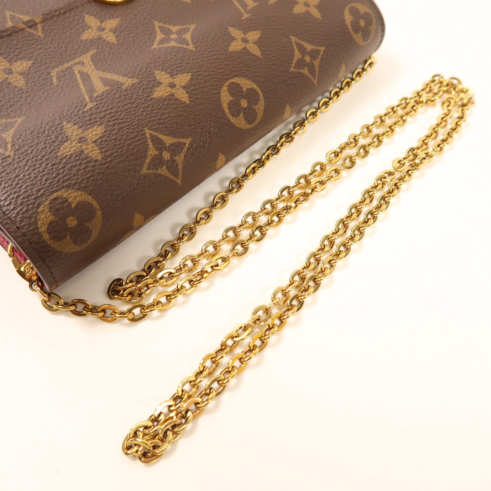 LOUIS VUITTON【激減優惠】 Monogram Portefeuille Flor金扣鏈帶肩背袋棕色/紅色