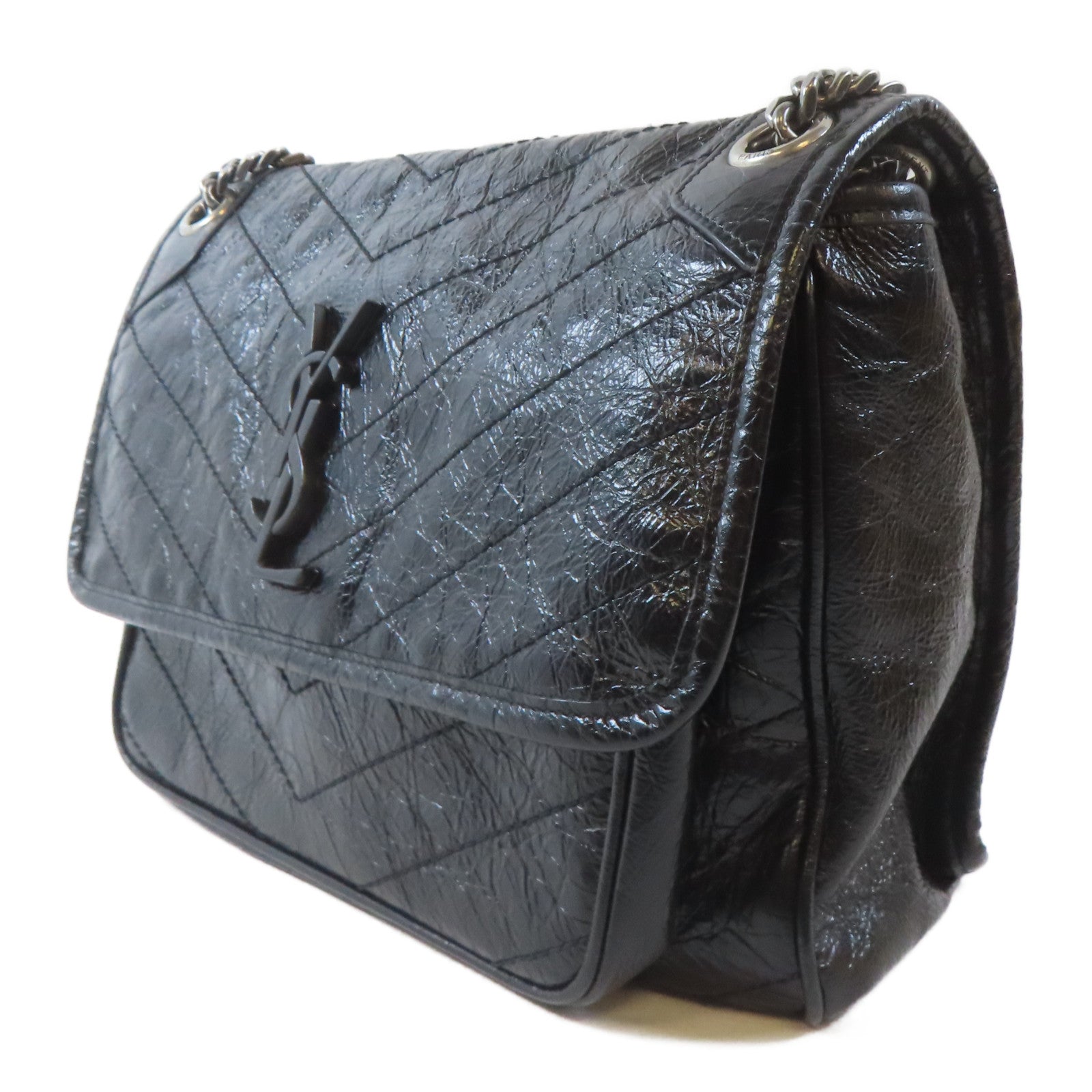 SAINT LAURENT 牛皮皮革Nikki銀扣鏈帶肩背袋黑色