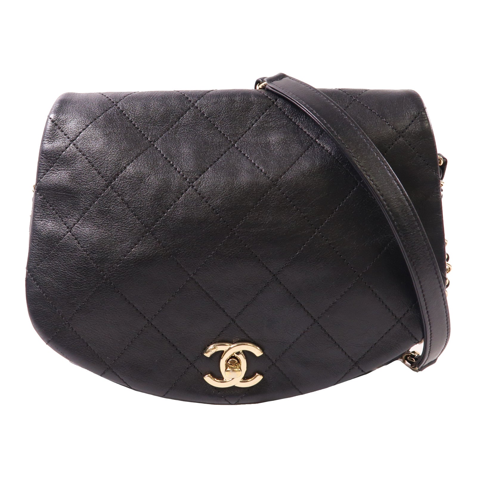CHANEL 牛皮皮革Chain Shoulder金扣鏈帶肩背袋黑色