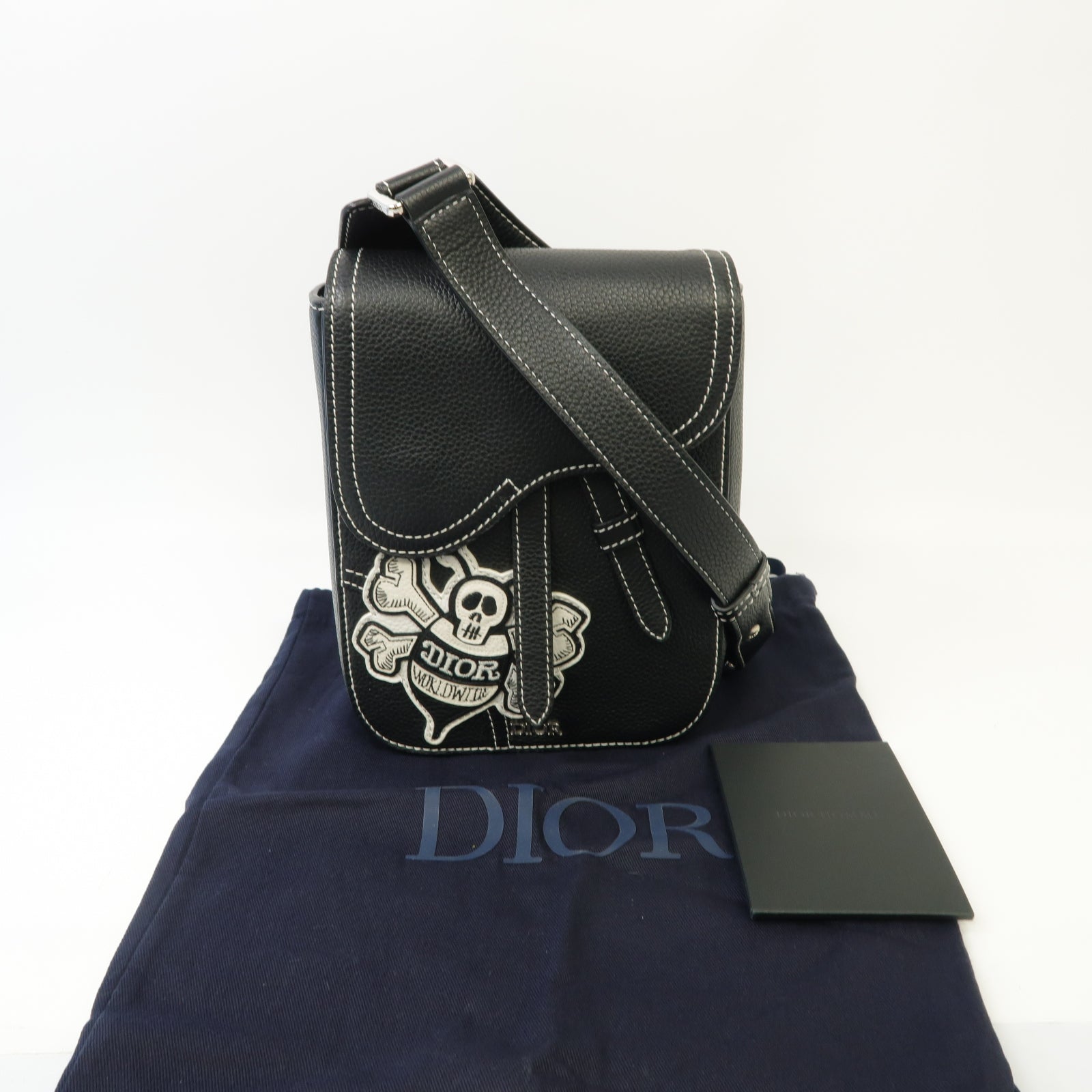 Dior 【激減優惠】牛皮皮革Dior x Shawn Stussy Saddle Pouch銀扣肩背袋黑色