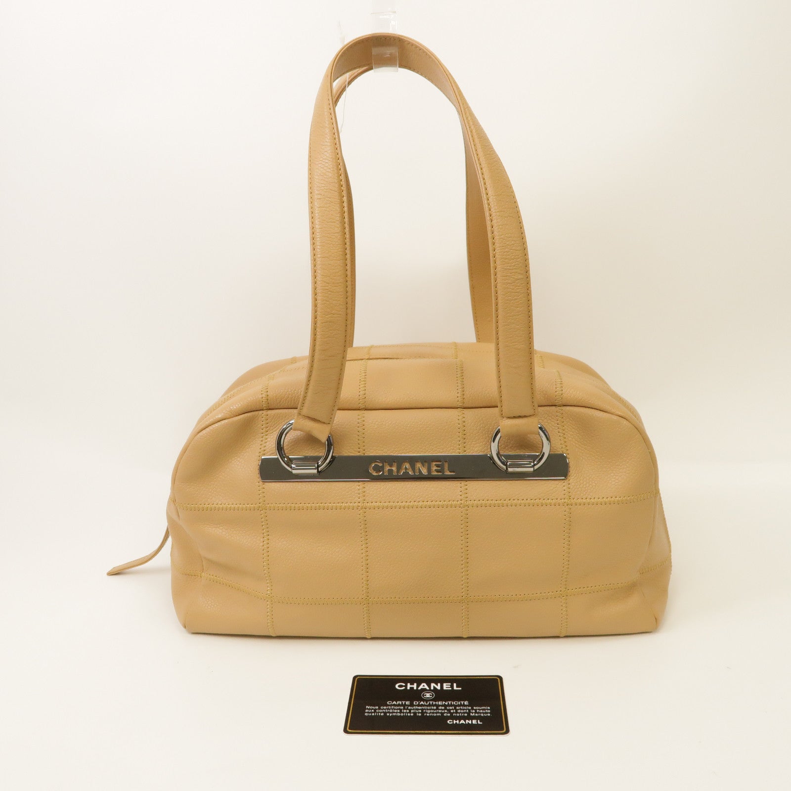 CHANEL 【激減優惠】牛皮皮革Tote Bag銀扣手挽袋杏仁色