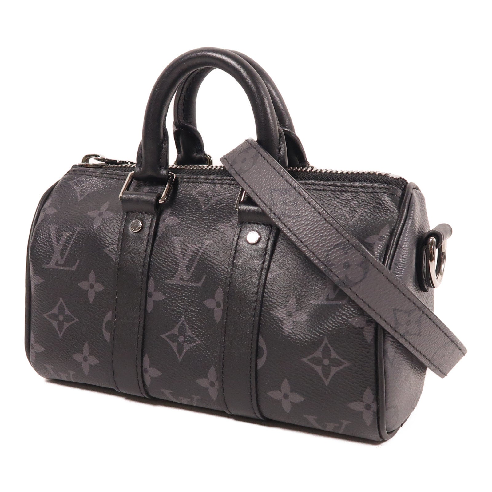 LOUIS VUITTON Monogram Eclipse Keepall XS銀扣手挽肩背兩用袋黑色