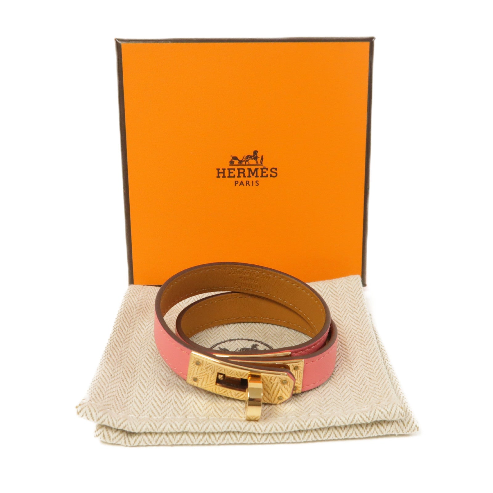 HERMES Swift皮革Kelly Double Tour Bracelet金扣手環杜鵑粉色