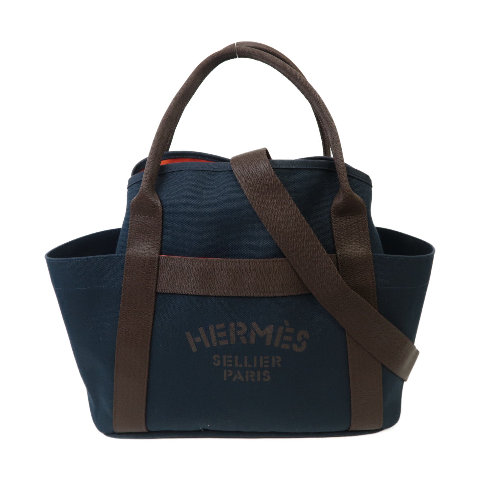 HERMES 【激減優惠】帆布Sac De Pansage Groom銀扣手挽肩背兩用袋深藍色/啡色