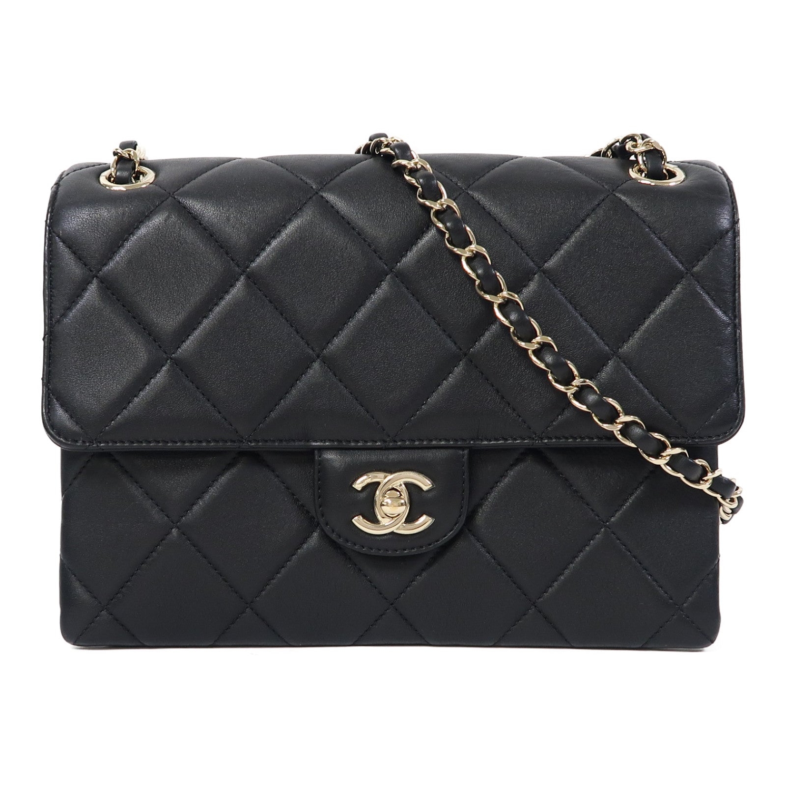 CHANEL 菱格牛皮皮革Chain Shoulder金扣鏈帶肩背袋黑色