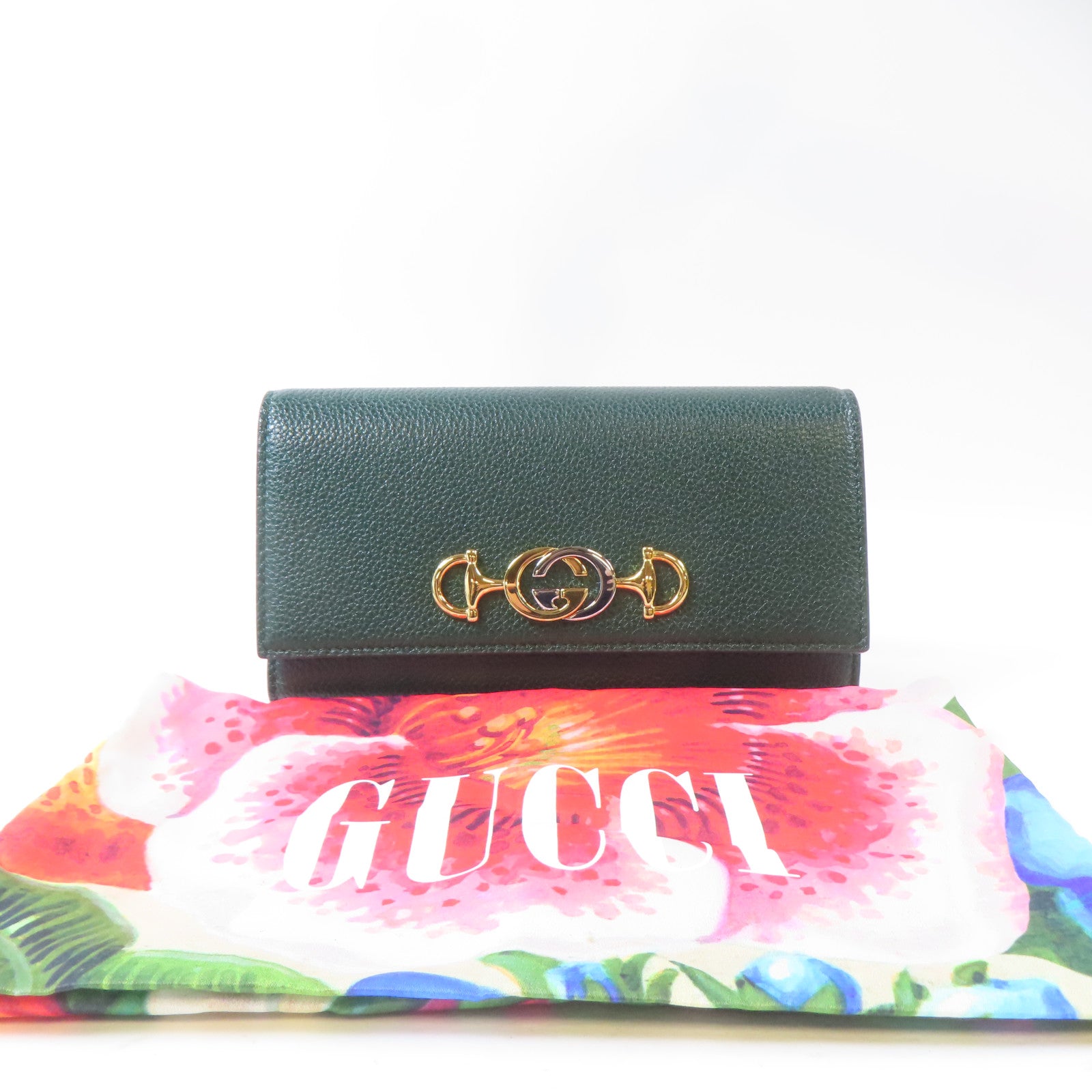 GUCCI 牛皮皮革Zumi Long Wallet金扣銀扣長錢包綠色