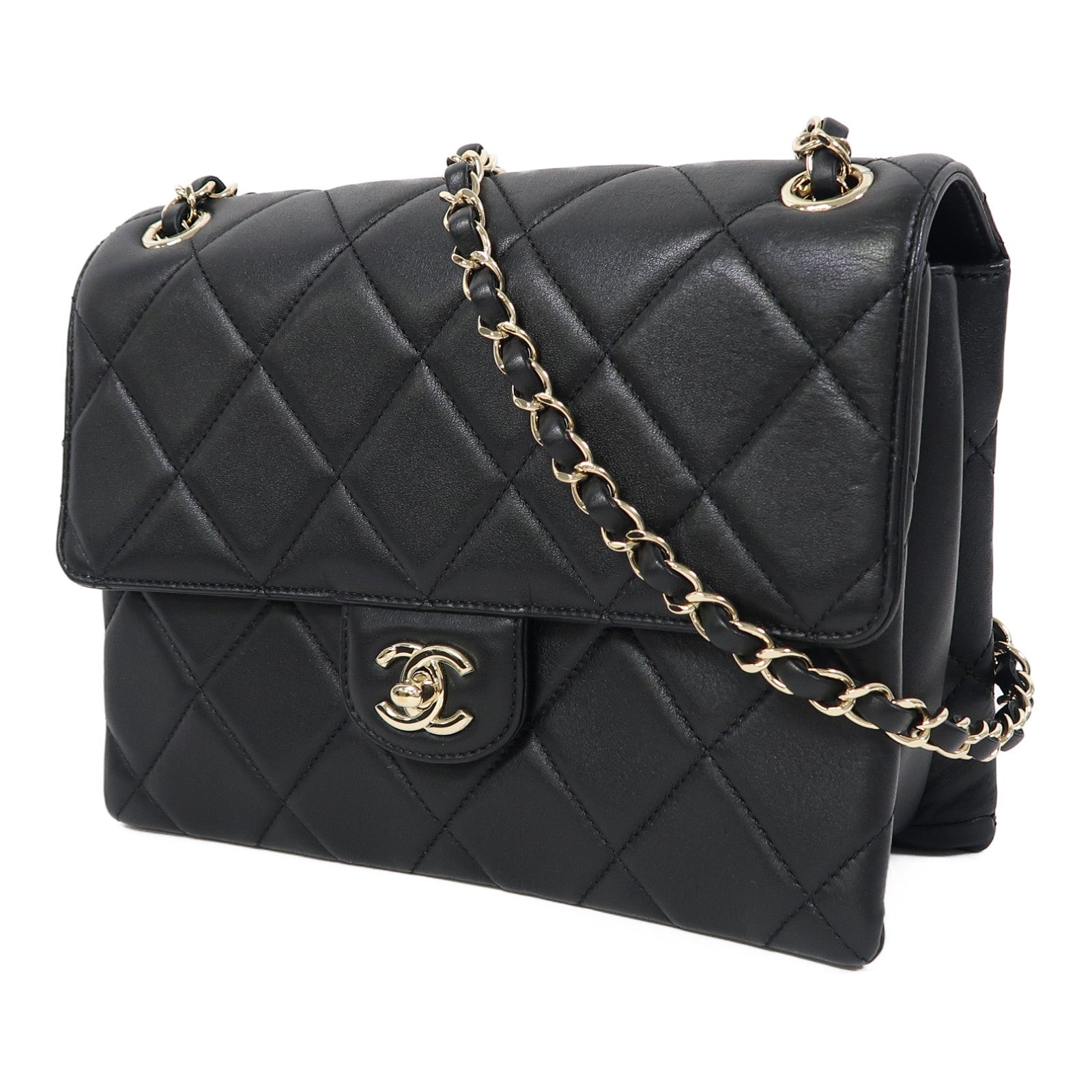 CHANEL 菱格牛皮皮革Chain Shoulder金扣鏈帶肩背袋黑色