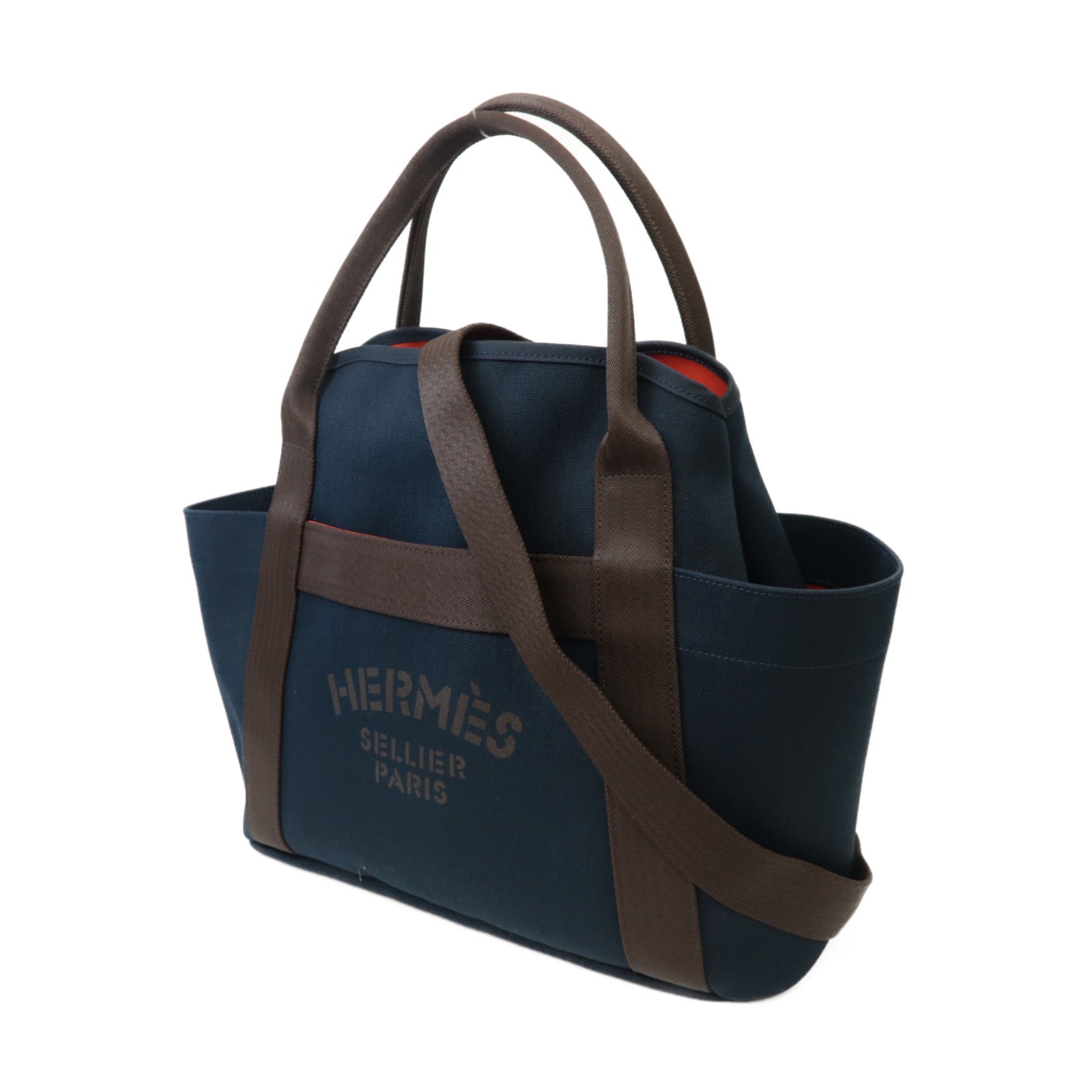 HERMES 【激減優惠】帆布Sac De Pansage Groom銀扣手挽肩背兩用袋深藍色/啡色