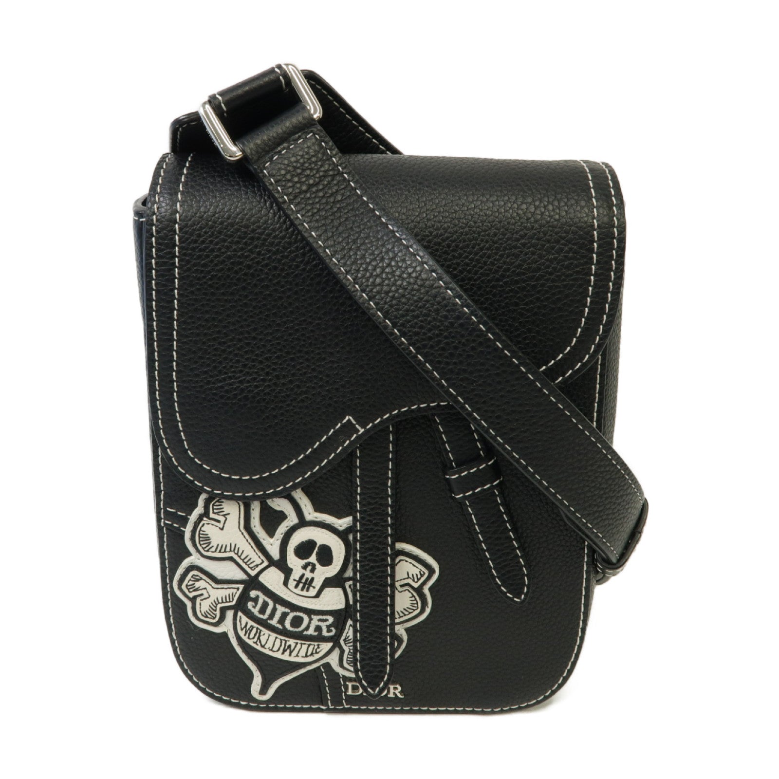Dior 【激減優惠】牛皮皮革Dior x Shawn Stussy Saddle Pouch銀扣肩背袋黑色