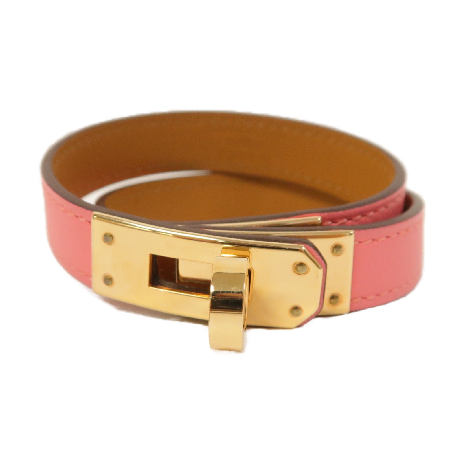 HERMES Swift皮革Kelly Double Tour Bracelet金扣手環杜鵑粉色