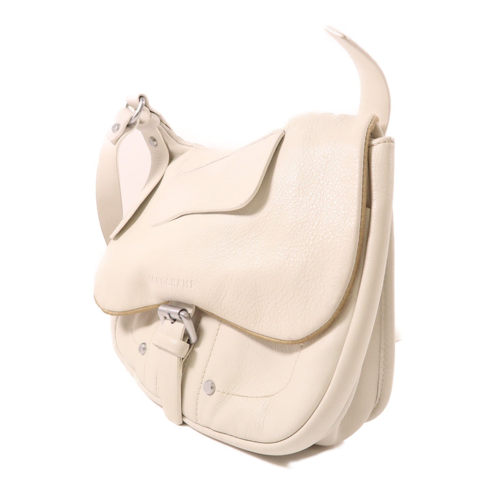 Longchamp 羊皮皮革Crossbody銀扣肩背袋白色