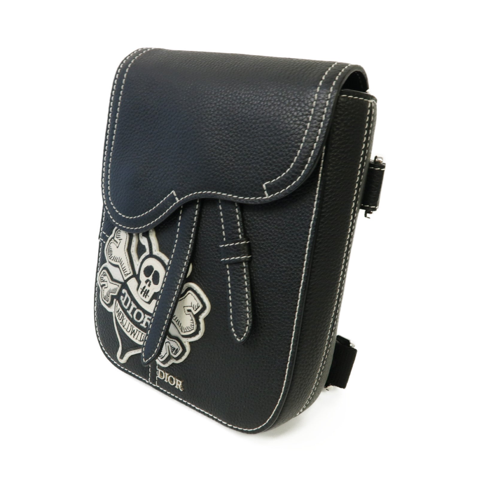 Dior 【激減優惠】牛皮皮革Dior x Shawn Stussy Saddle Pouch銀扣肩背袋黑色
