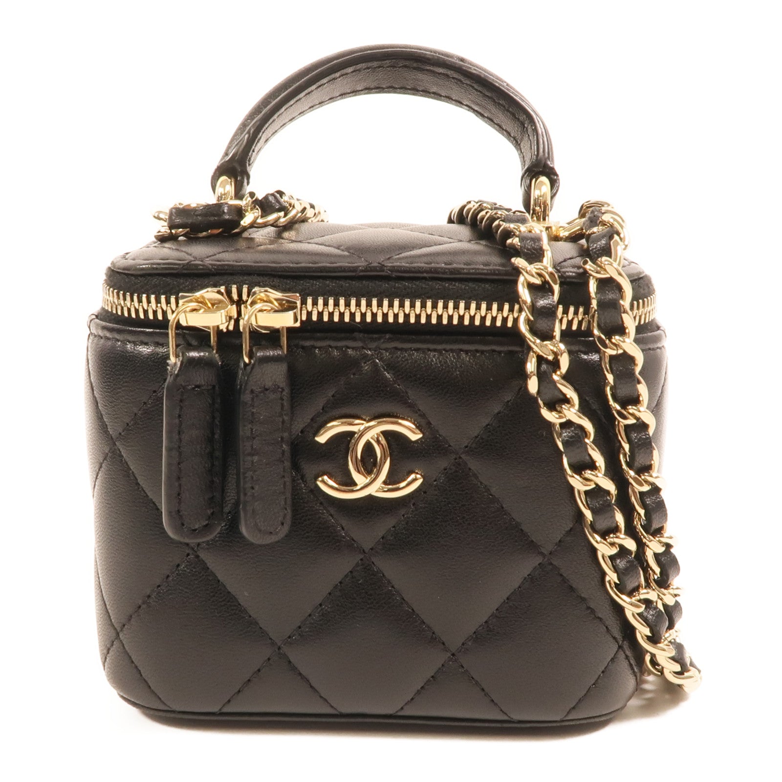 CHANEL 羊皮皮革Vanity Case金扣鏈帶手挽肩背兩用袋