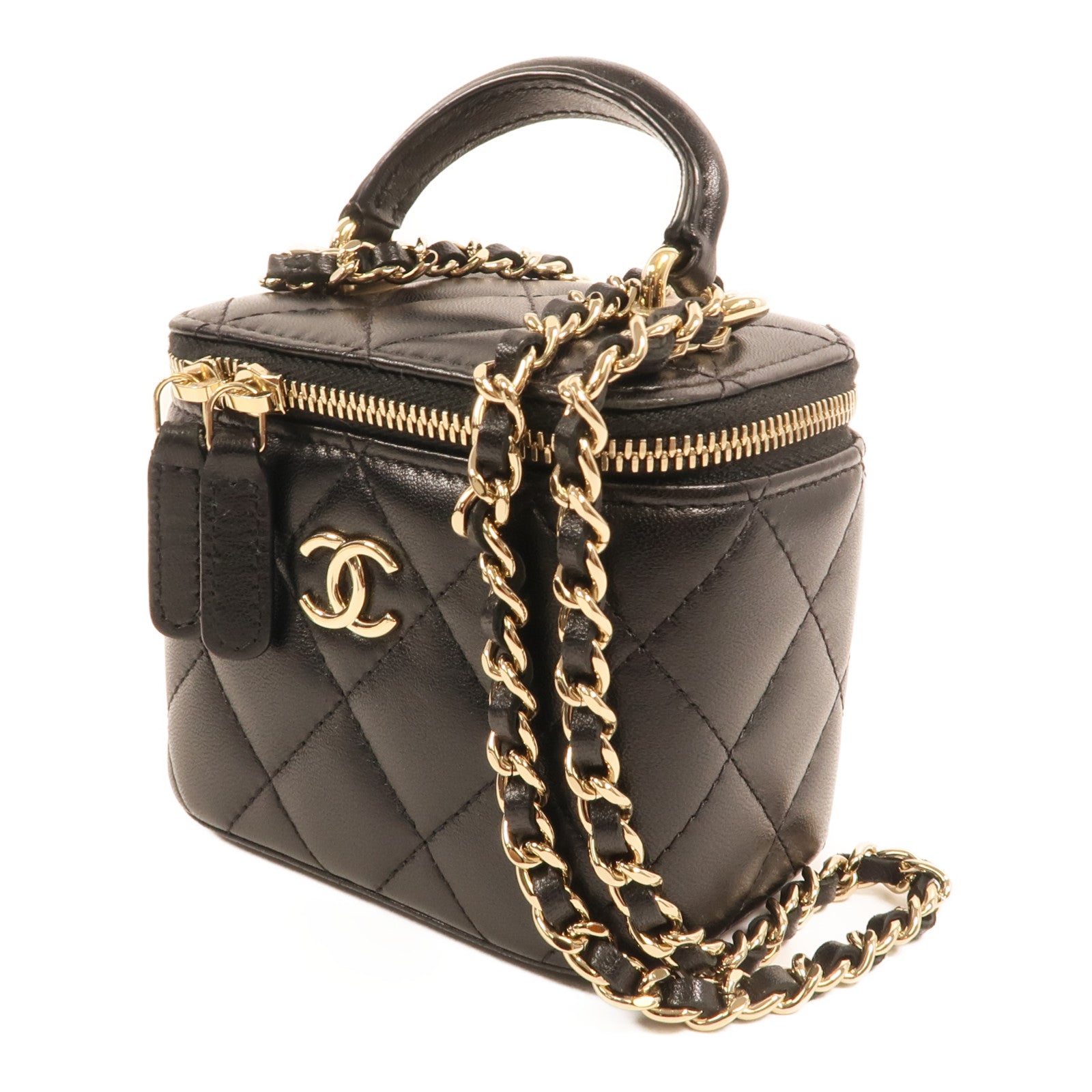 CHANEL 羊皮皮革Vanity Case金扣鏈帶手挽肩背兩用袋