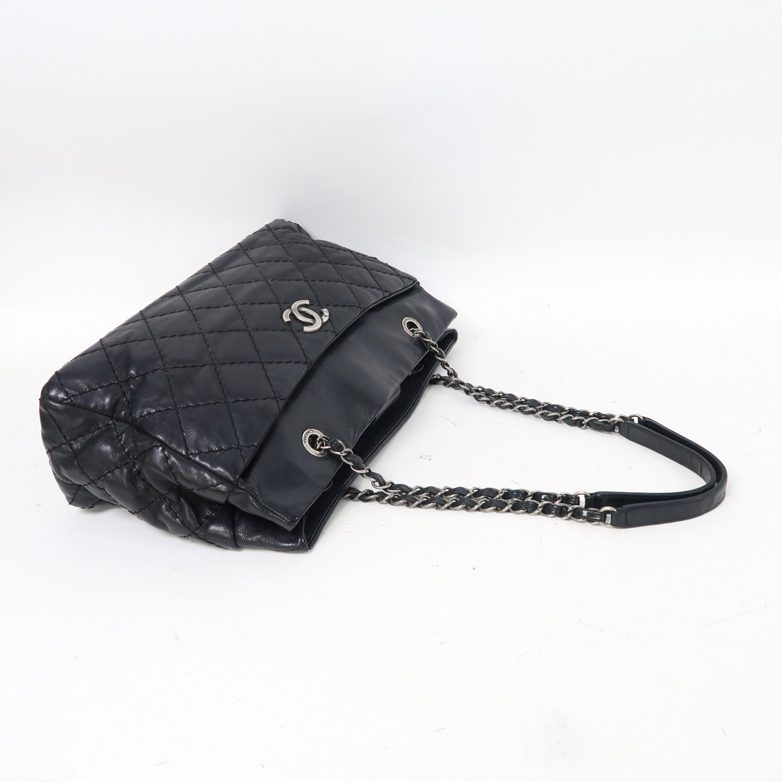 CHANEL 【激減優惠】菱格牛皮皮革Chain Shoulder銀扣鏈帶肩背袋黑色