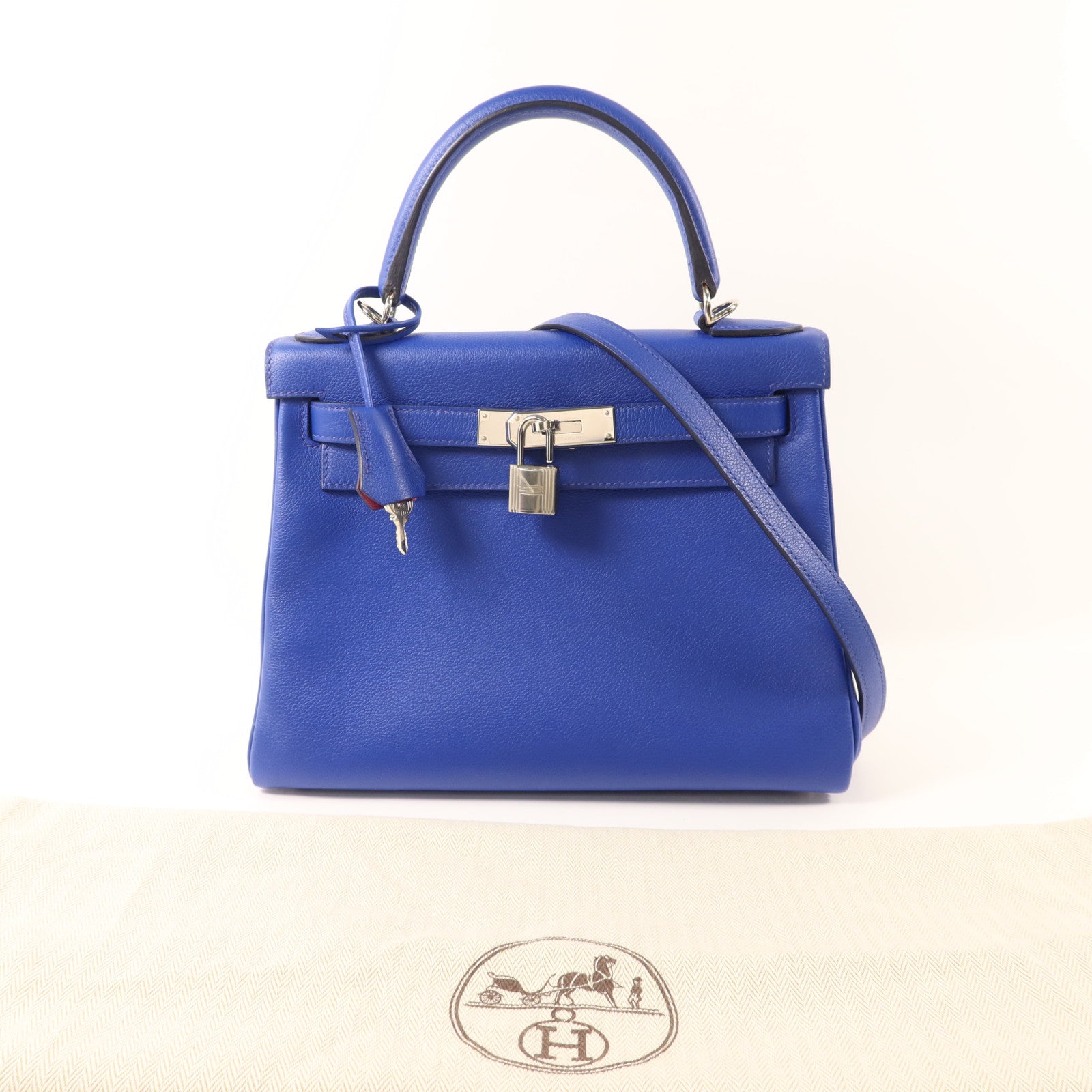 HERMES 【激減優惠】Evercolor皮革Kelly 28銀扣手挽肩背兩用袋Bleu Royal