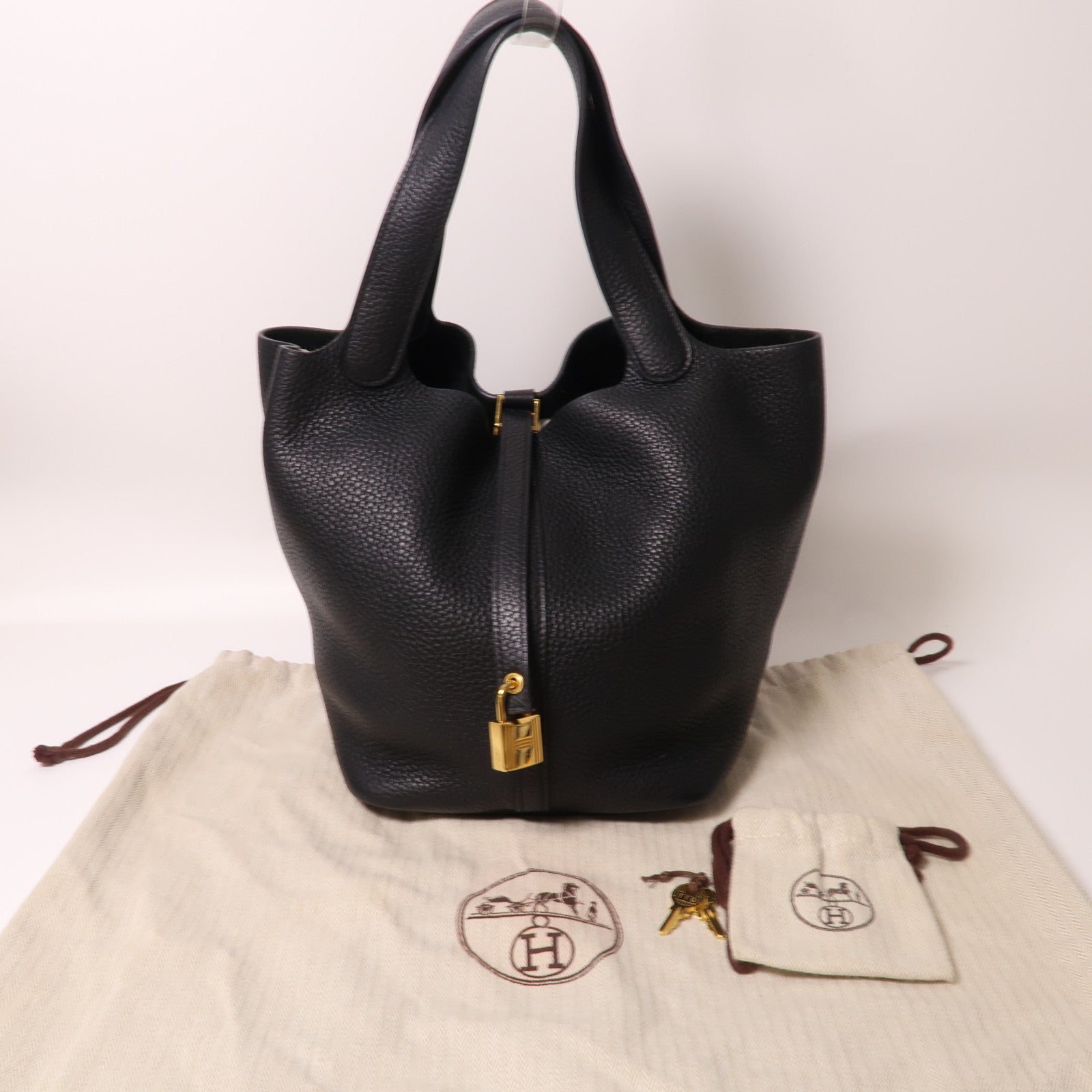 HERMES Clemence皮革Picotin MM金扣手挽袋Noir/黑色