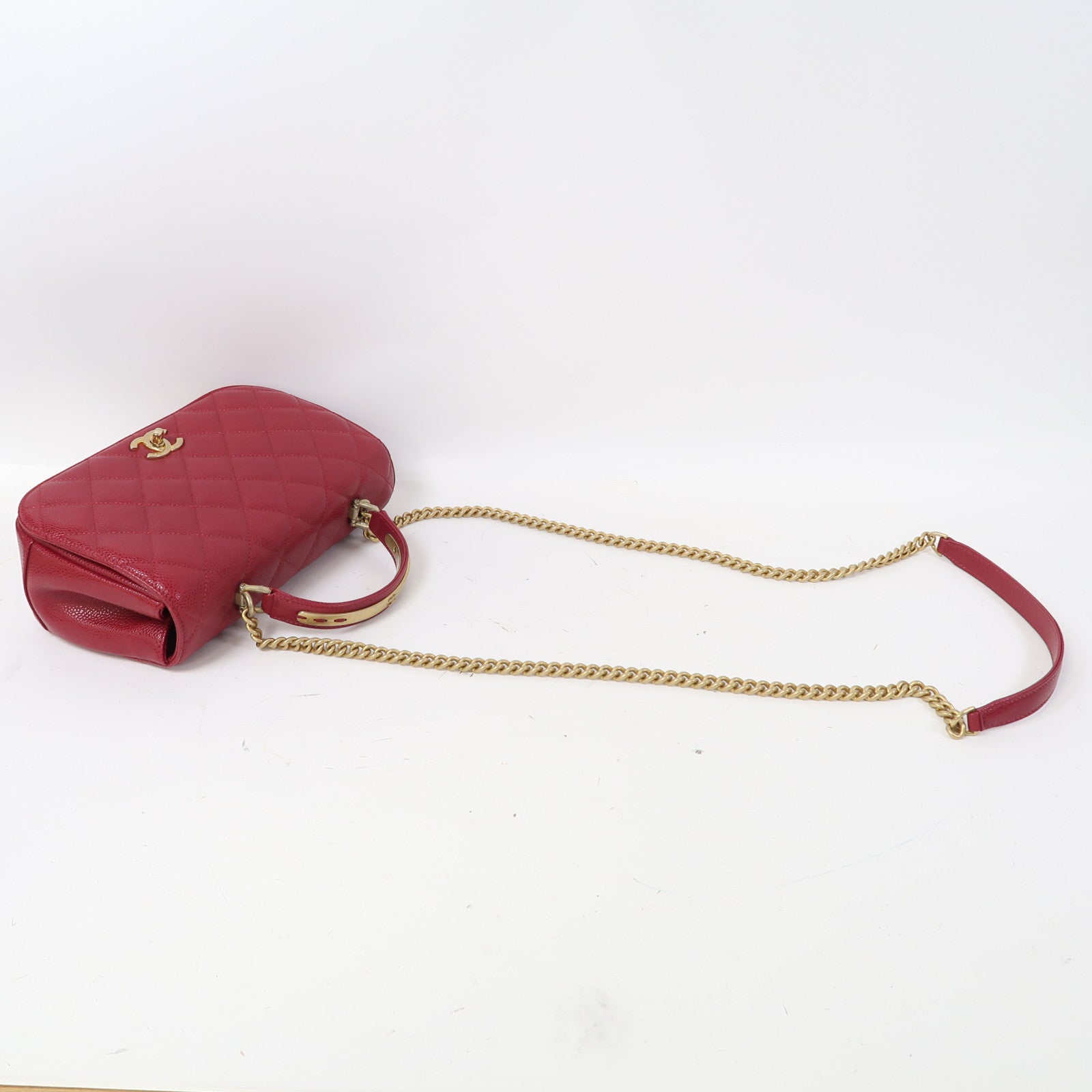 CHANEL 菱格牛皮皮革Chain Shoulder金扣鏈帶肩背袋紅色
