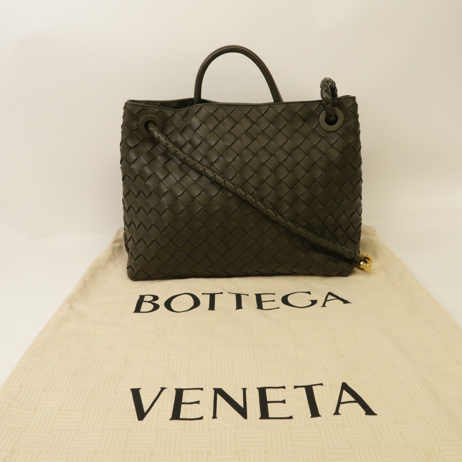 BOTTEGA VENETA 織紋皮革Medium Andiamo金扣手挽肩背兩用袋啡色