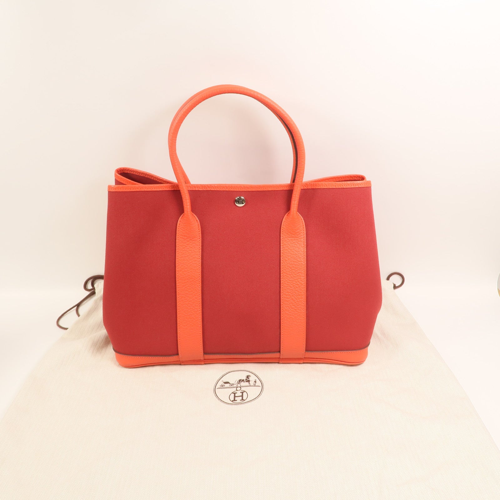 HERMES 【激減優惠】帆布GardenParty PM銀扣手挽袋Rouge Tomate/Capucin