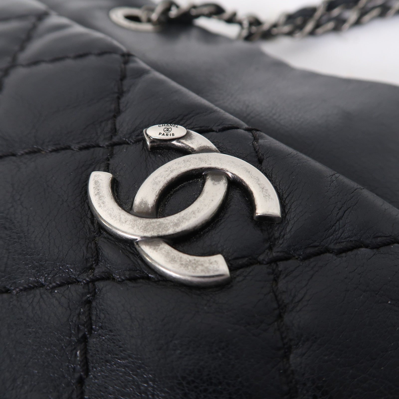 CHANEL 【激減優惠】菱格牛皮皮革Chain Shoulder銀扣鏈帶肩背袋黑色