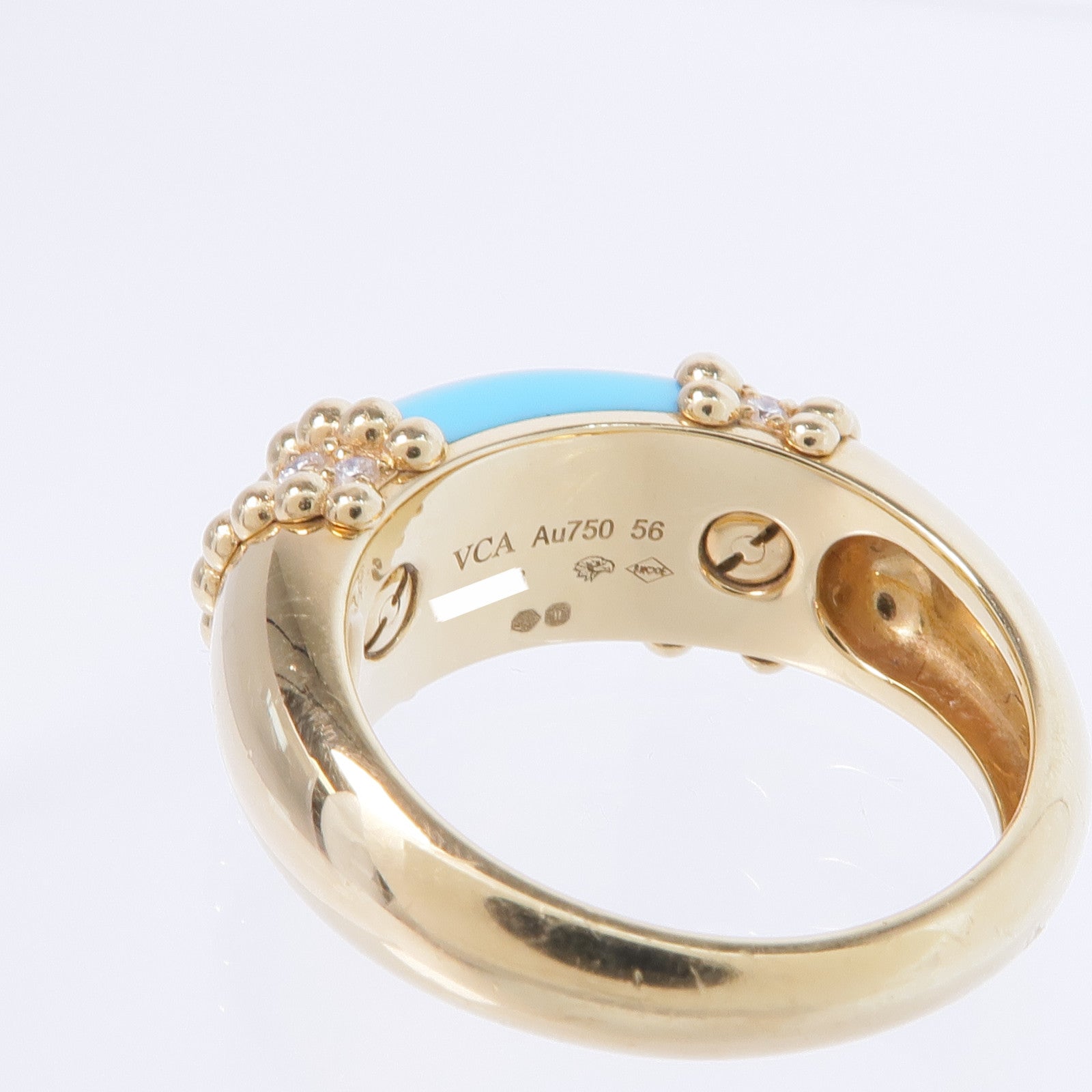 Van Cleef & Arpels 18K黃金Perlée Couleurs Ring綠松石/鑽石戒指VCA#56/US#7.5