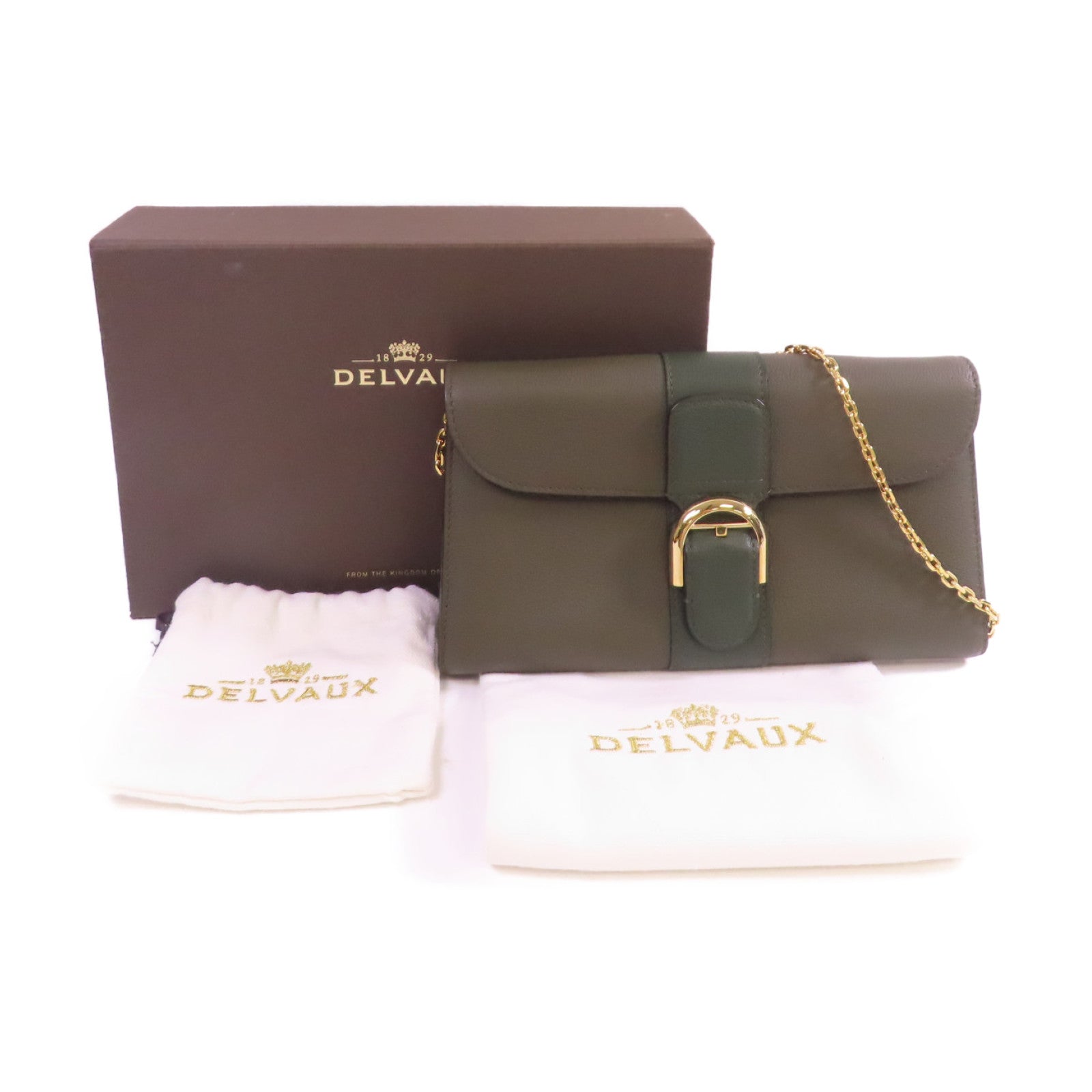 Delvaux 牛皮皮革Delvaux Brillant Wallet on Chain Shoulder Bag金扣鏈帶肩背袋深綠色