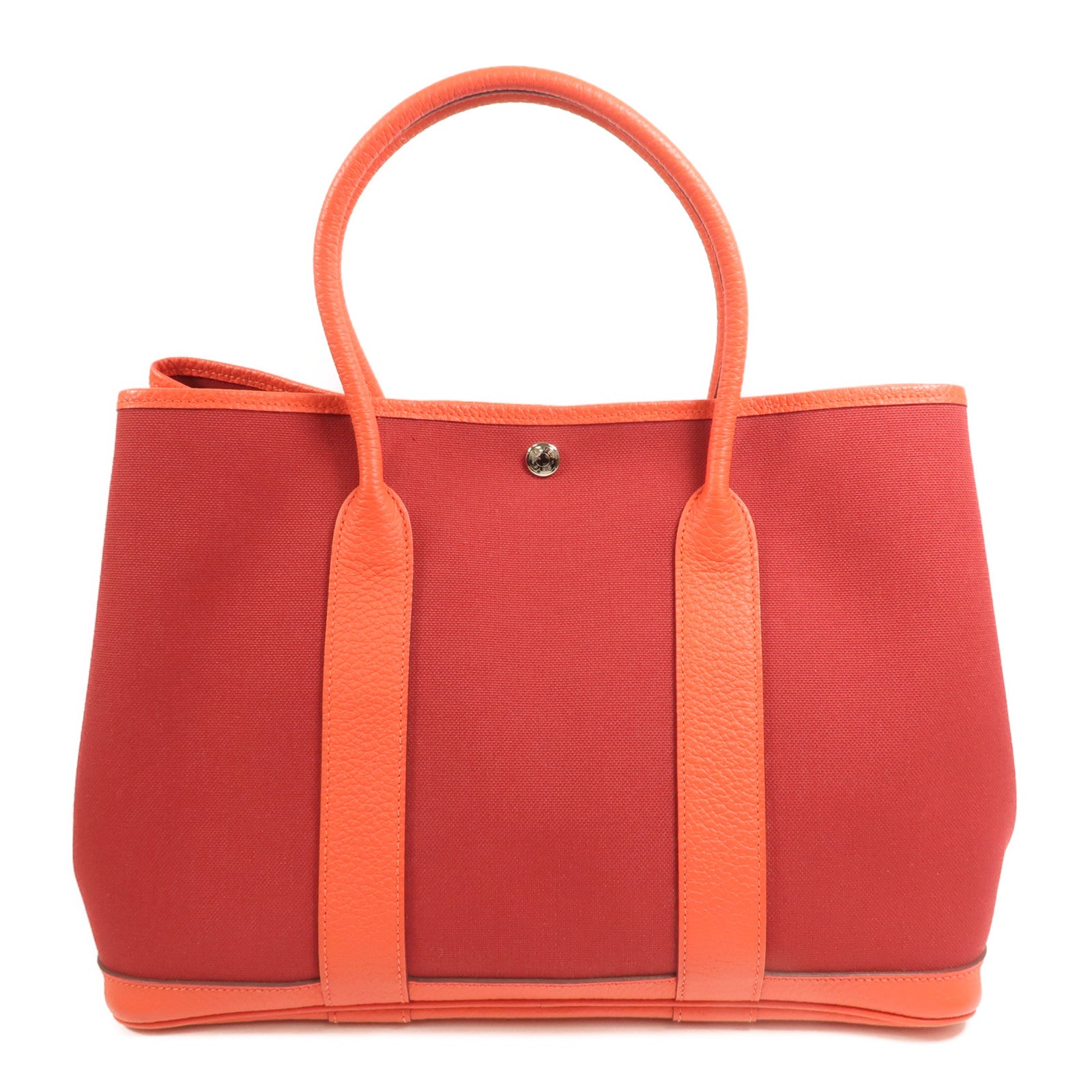 HERMES 【激減優惠】帆布GardenParty PM銀扣手挽袋Rouge Tomate/Capucin