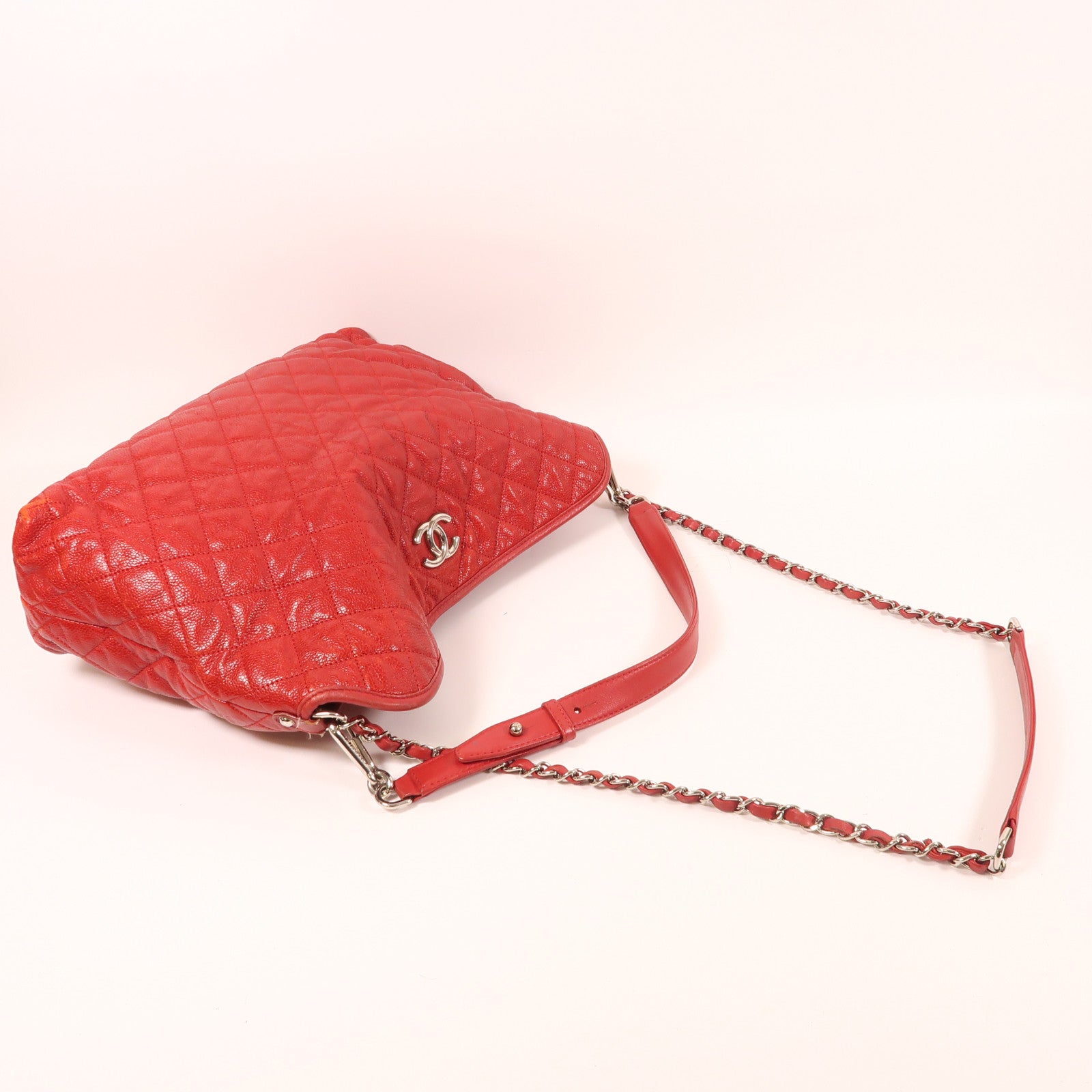 CHANEL 牛皮皮革2 Way Shoulder銀扣肩背袋紅色