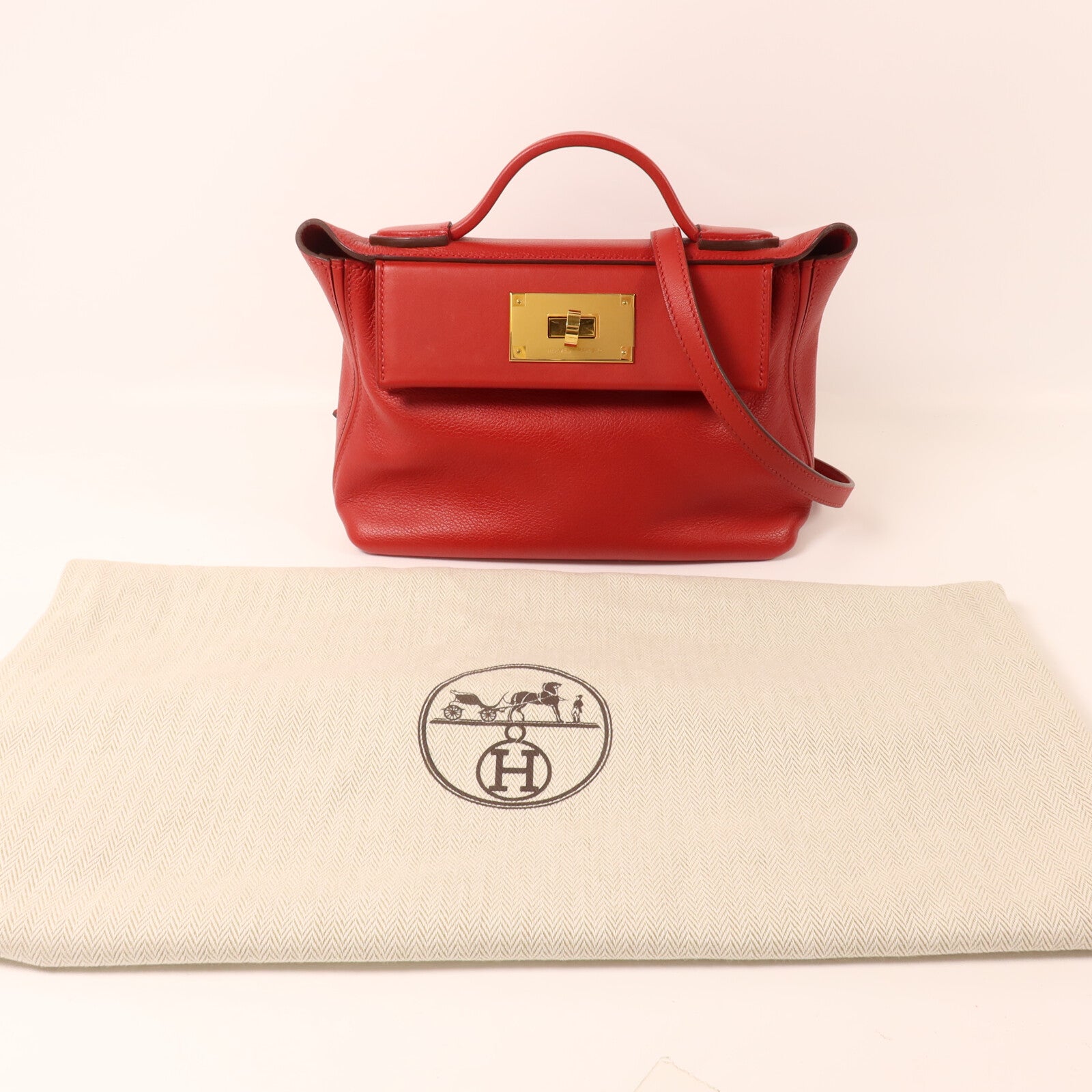 HERMES Swift皮革/Evercolor皮革Mini 24/24手挽肩背兩用袋Rouge Piment