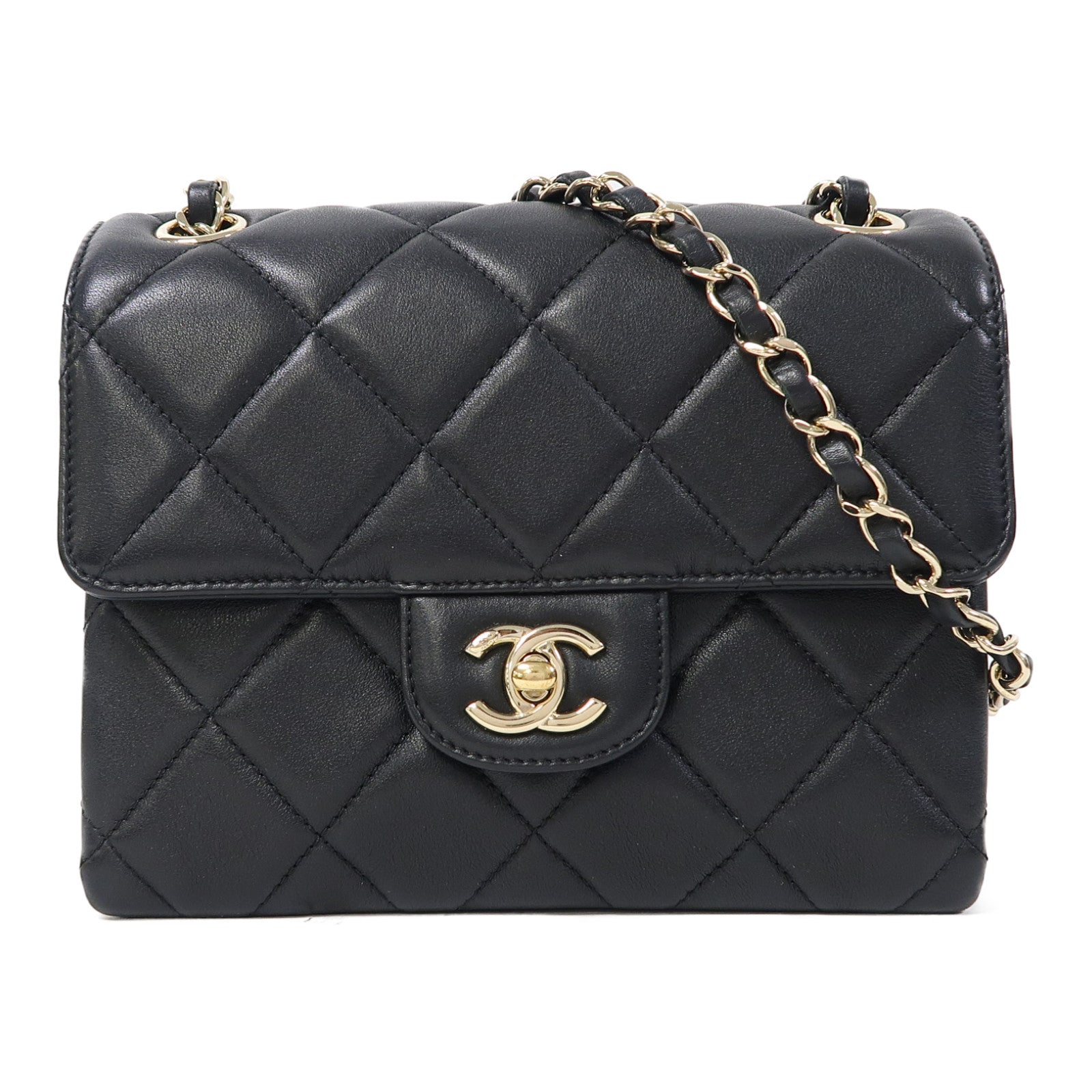 CHANEL 菱格羊皮皮革Chain Shoulder金扣鏈帶肩背袋黑色