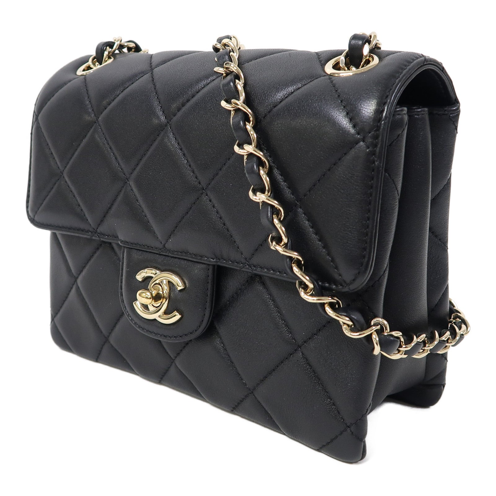 CHANEL 菱格羊皮皮革Chain Shoulder金扣鏈帶肩背袋黑色