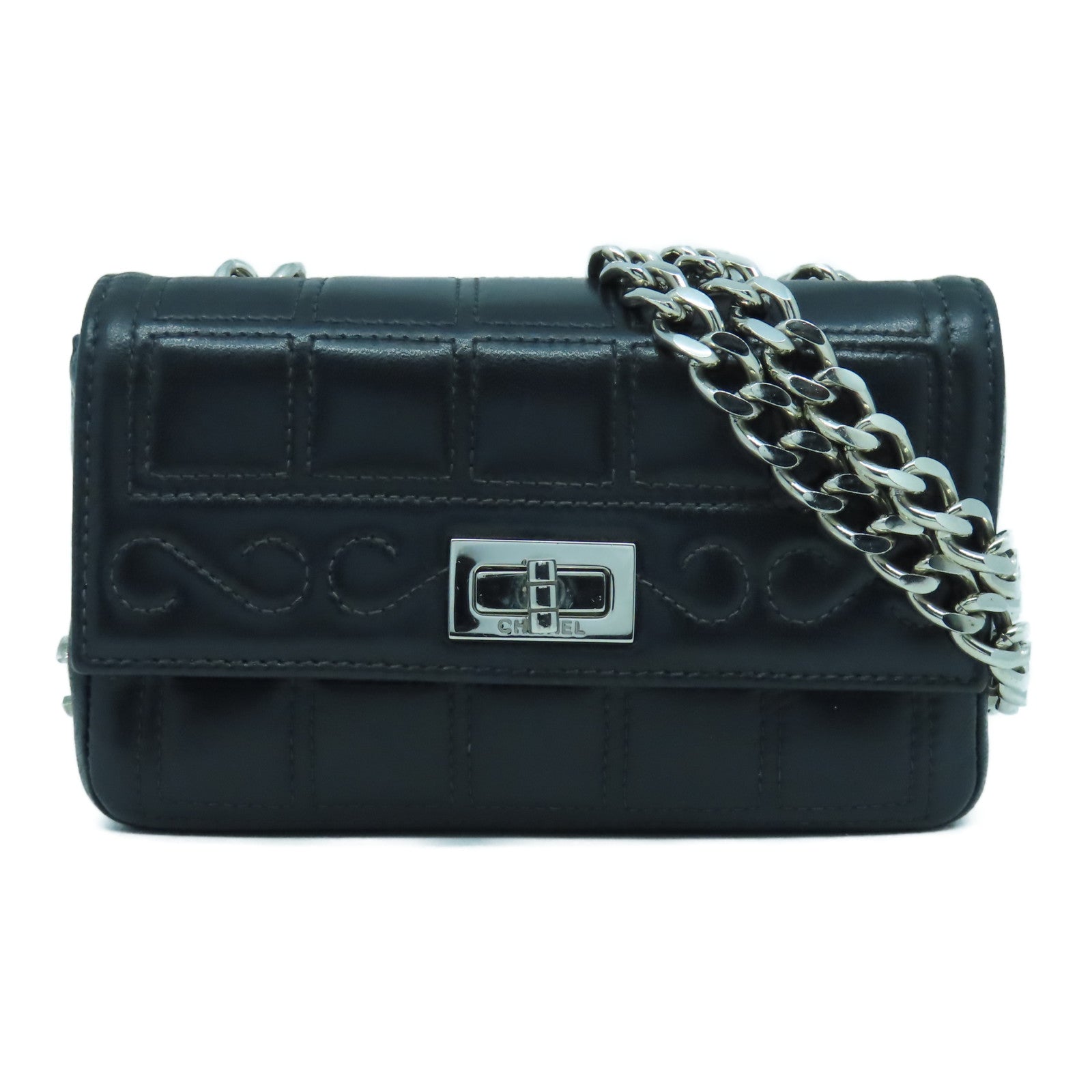 CHANEL 【清倉大減價】牛皮皮革Chain Shoulder Bag銀扣鏈帶肩背袋黑色