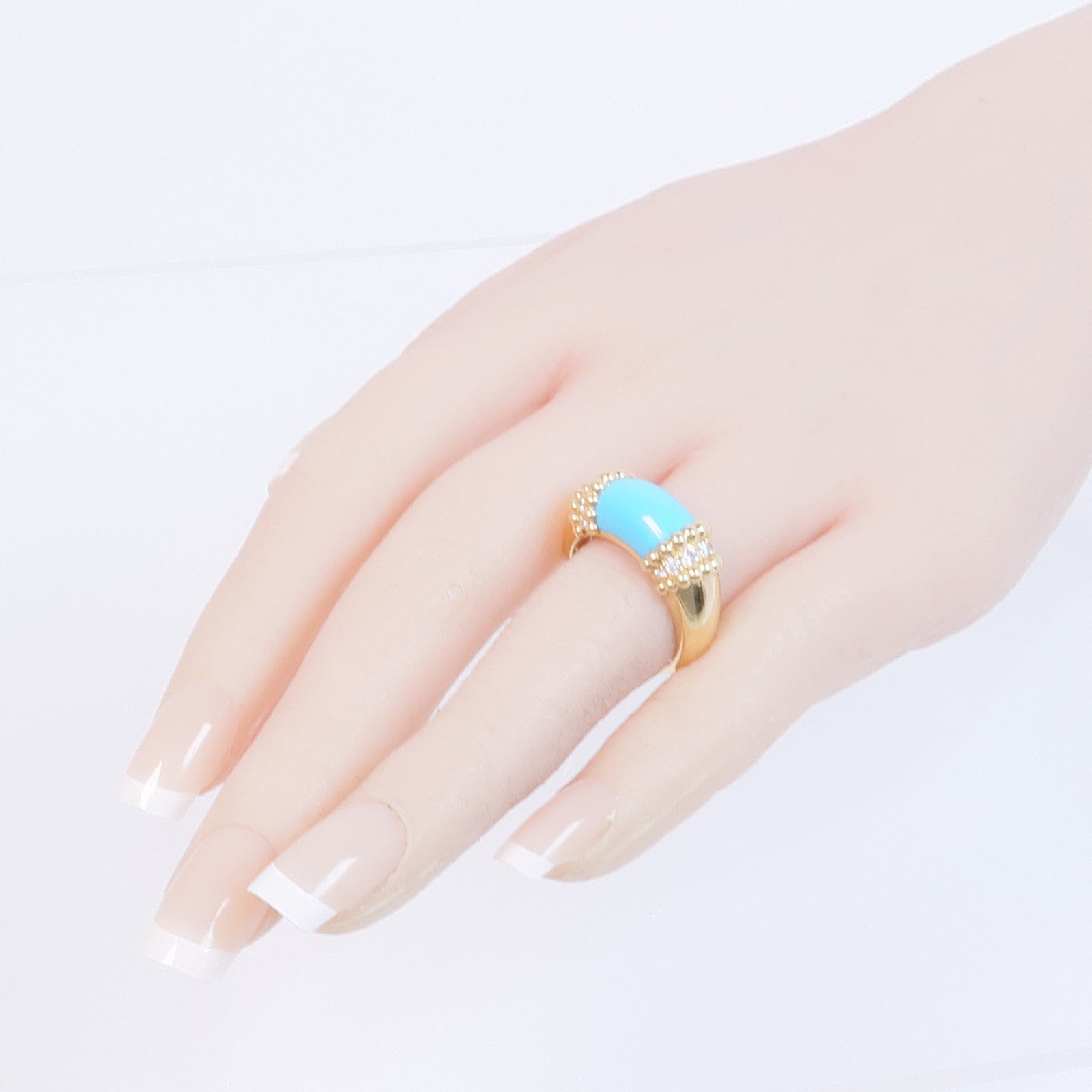 Van Cleef & Arpels 18K黃金Perlée Couleurs Ring綠松石/鑽石戒指VCA#56/US#7.5