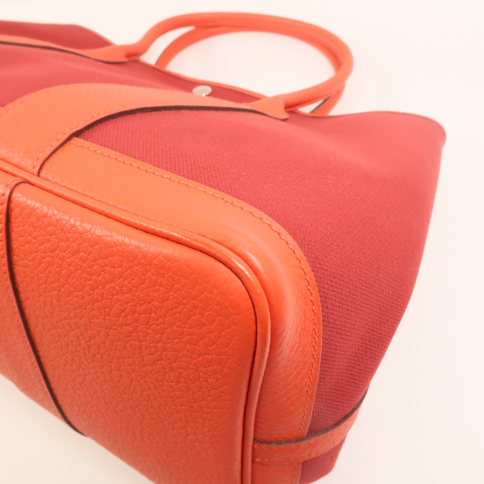 HERMES 【激減優惠】帆布GardenParty PM銀扣手挽袋Rouge Tomate/Capucin