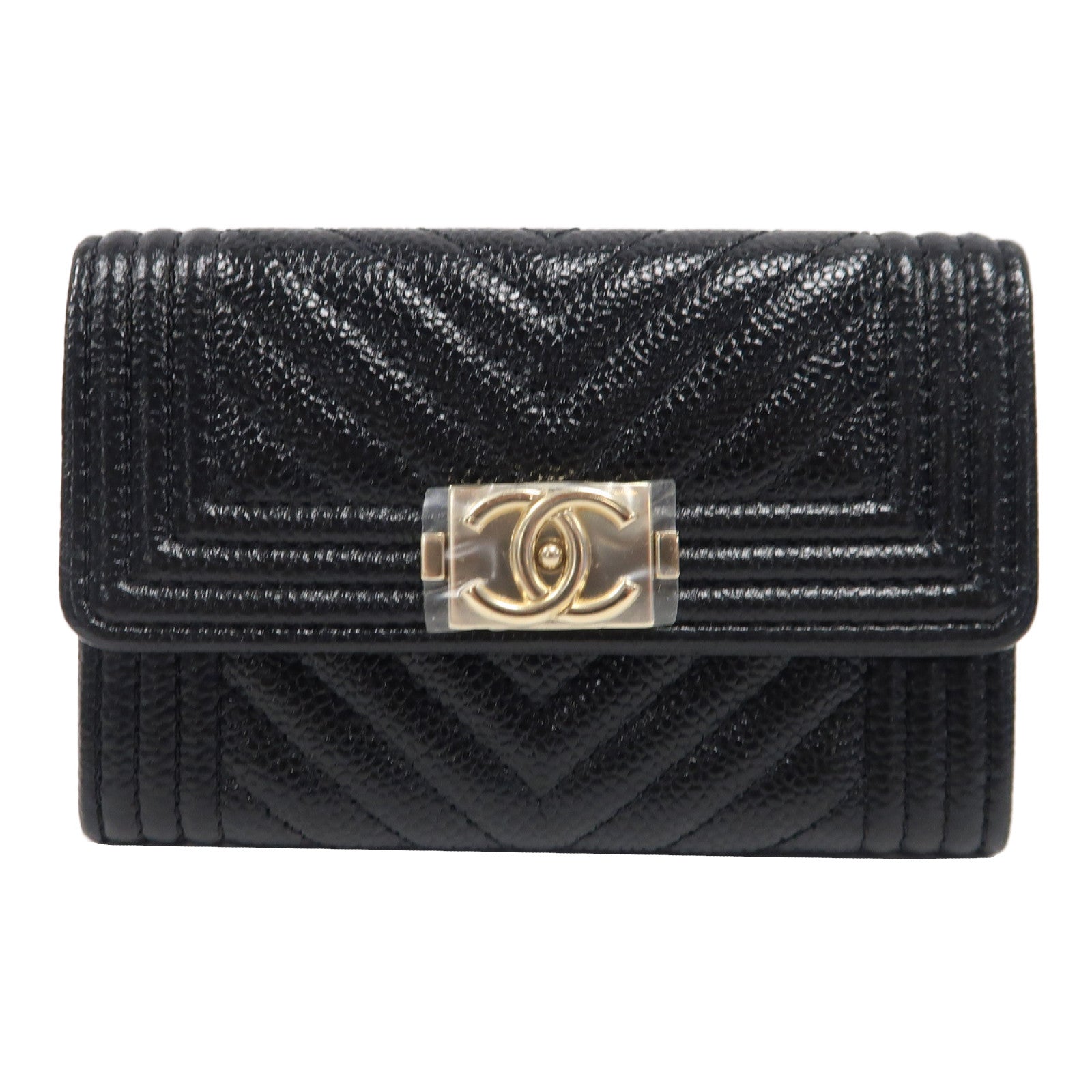 CHANEL 斜紋Caviar皮革Boy Card Case金扣卡片套黑色