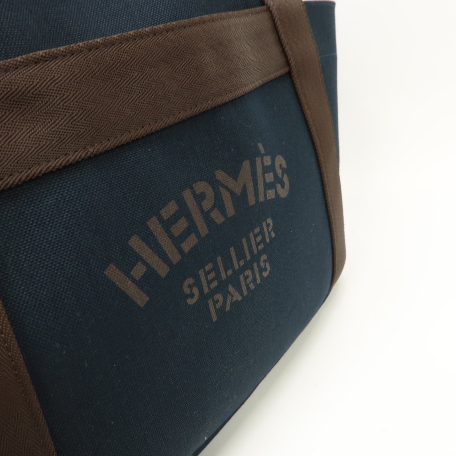 HERMES 【激減優惠】帆布Sac De Pansage Groom銀扣手挽肩背兩用袋深藍色/啡色