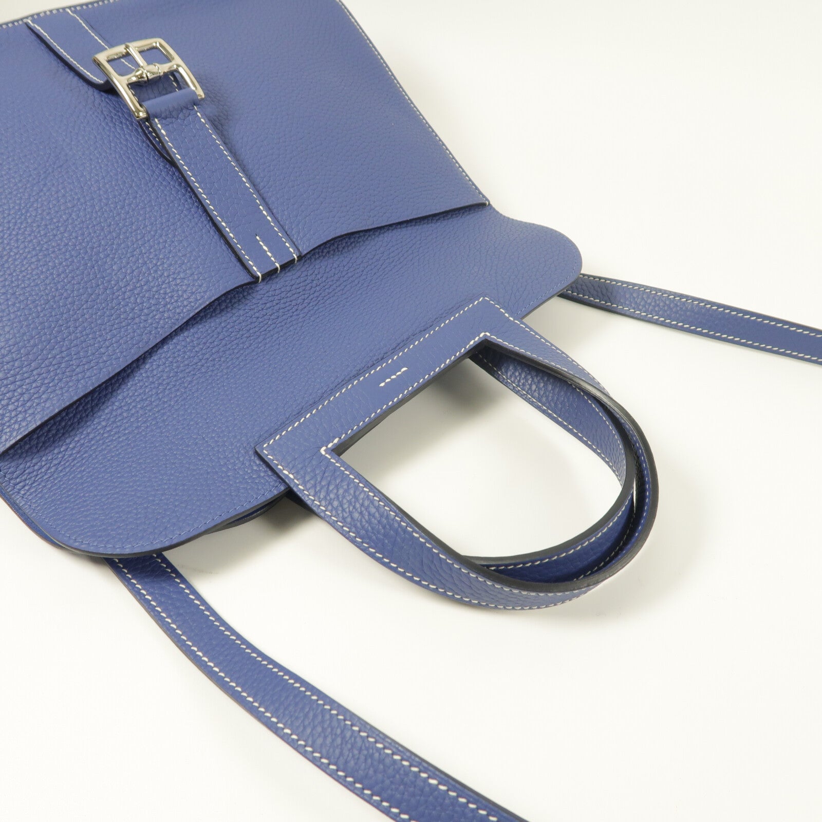HERMES Clemence皮革Halzan 31銀扣手挽肩背兩用袋Bleu Encre