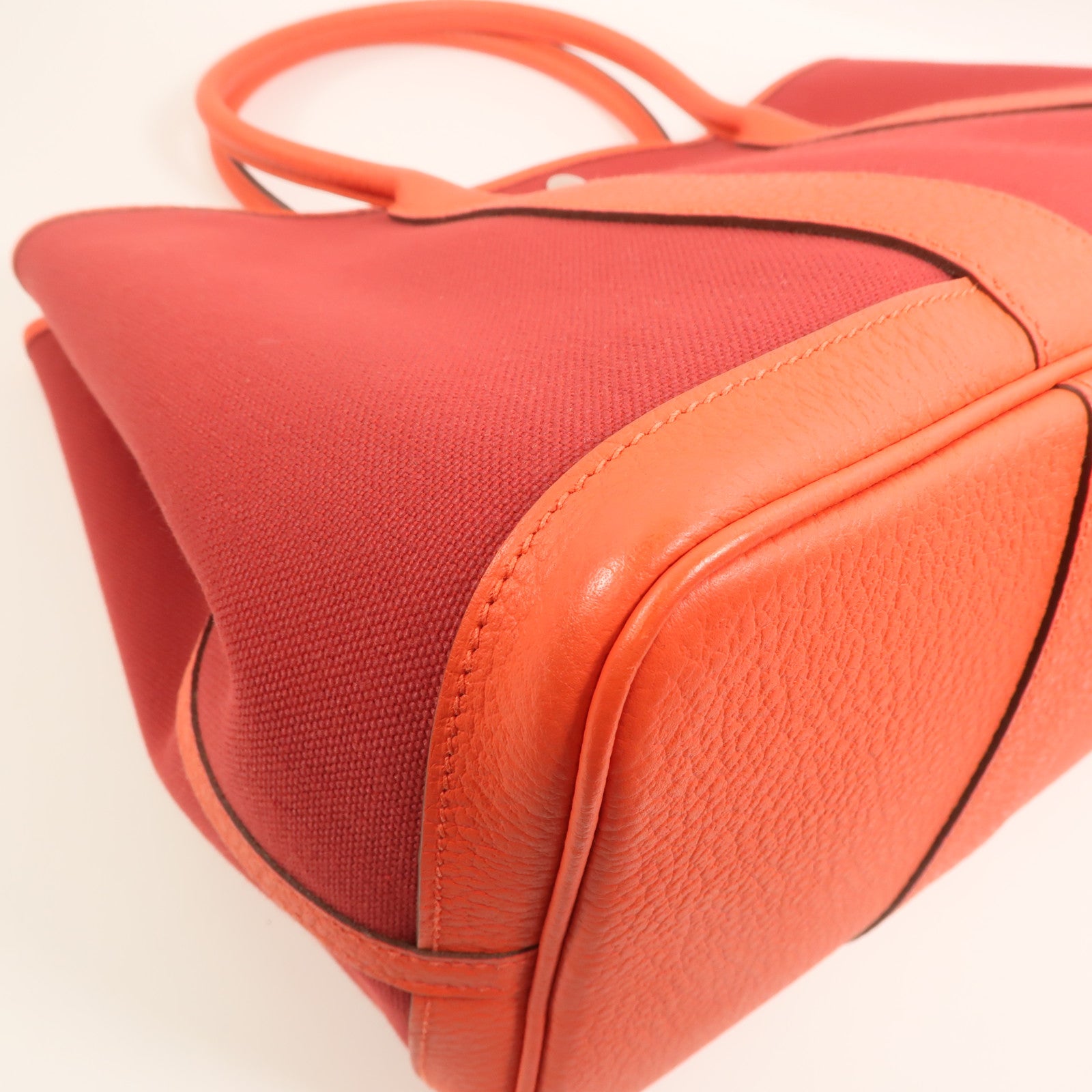 HERMES 【激減優惠】帆布GardenParty PM銀扣手挽袋Rouge Tomate/Capucin