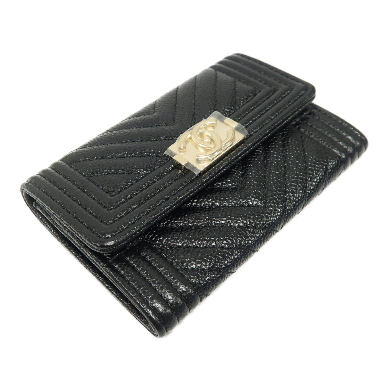 CHANEL 斜紋Caviar皮革Boy Card Case金扣卡片套黑色