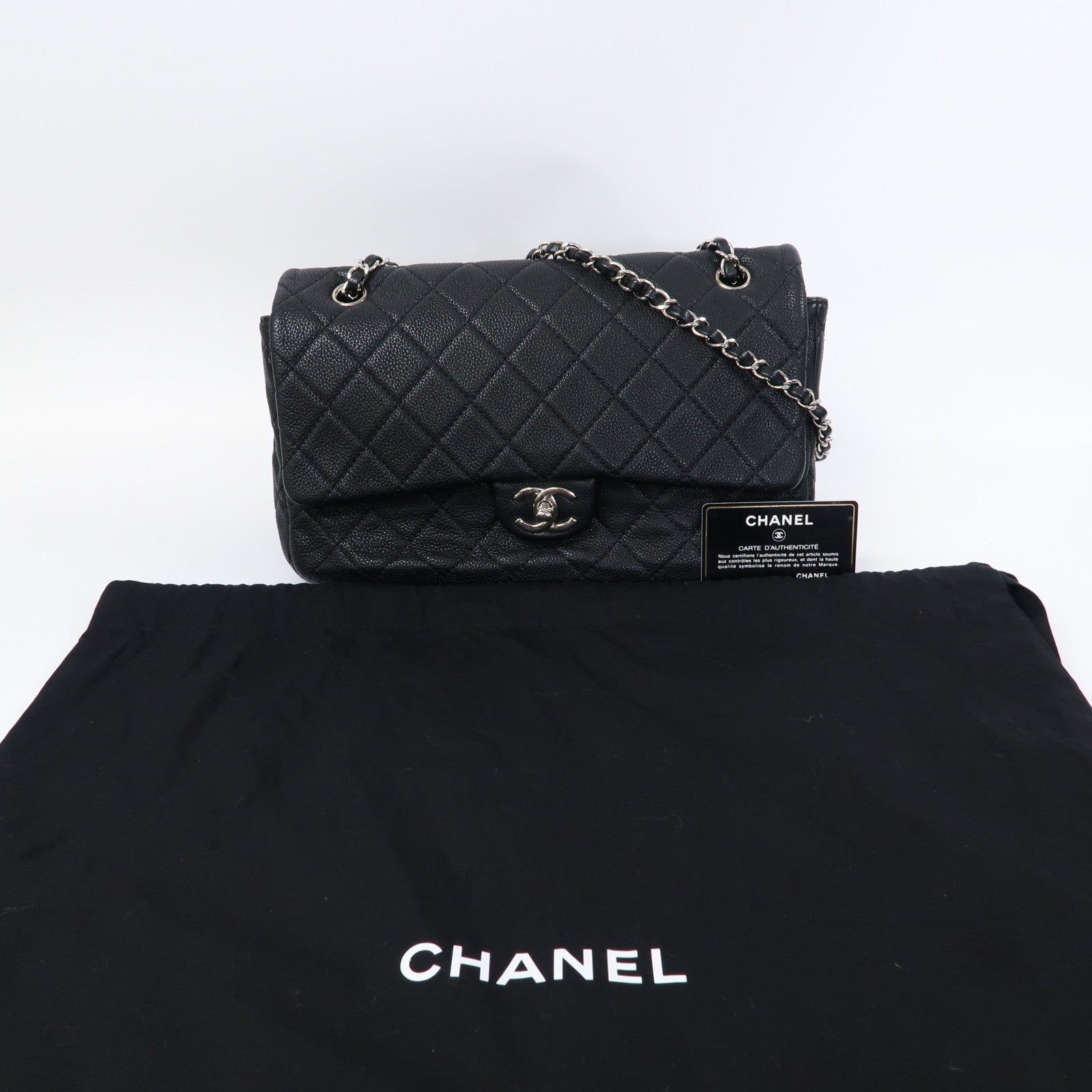CHANEL 菱格Caviar皮革Chain Shoulder銀扣鏈帶肩背袋黑色