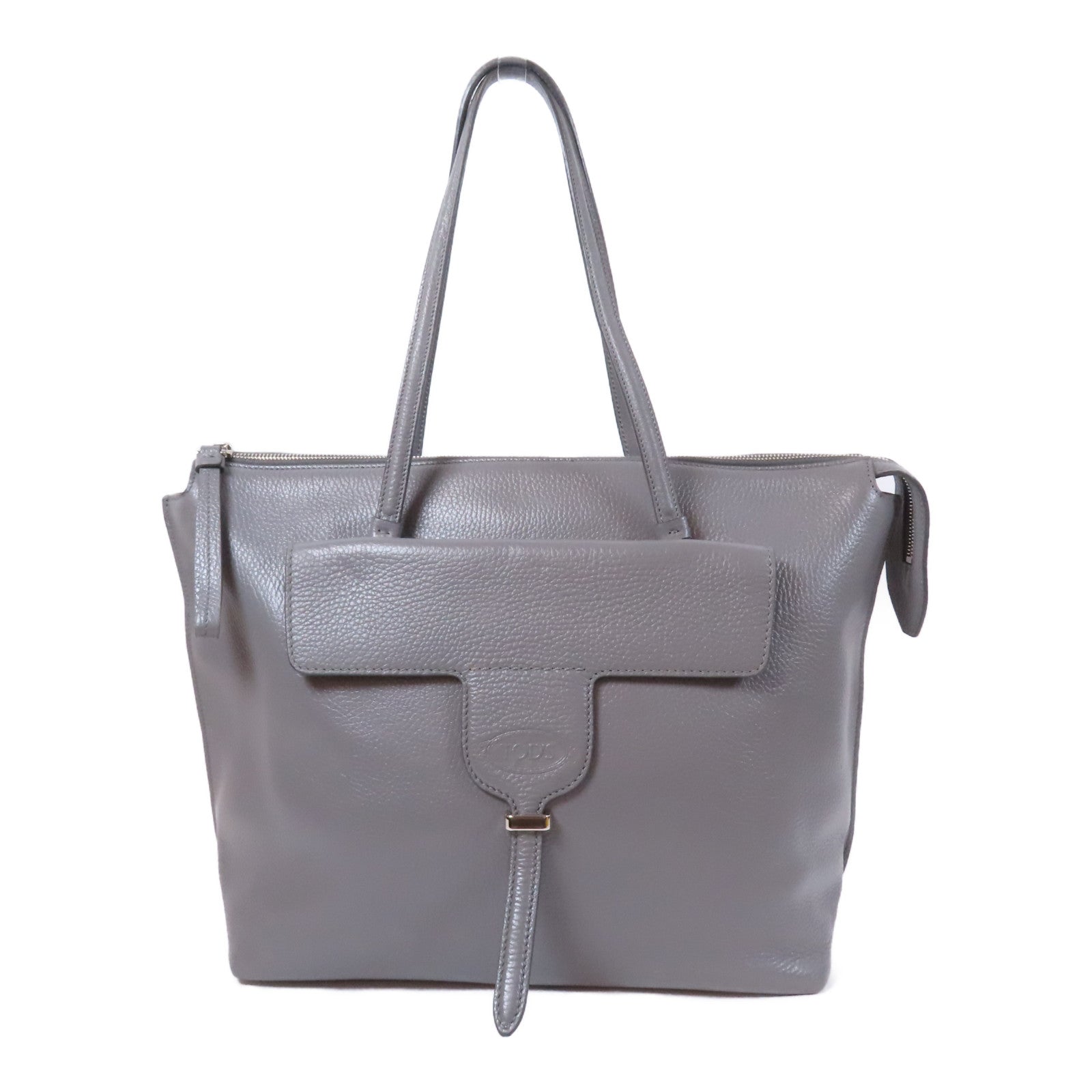 TOD'S 牛皮皮革Tote Bag銀扣肩背袋灰色